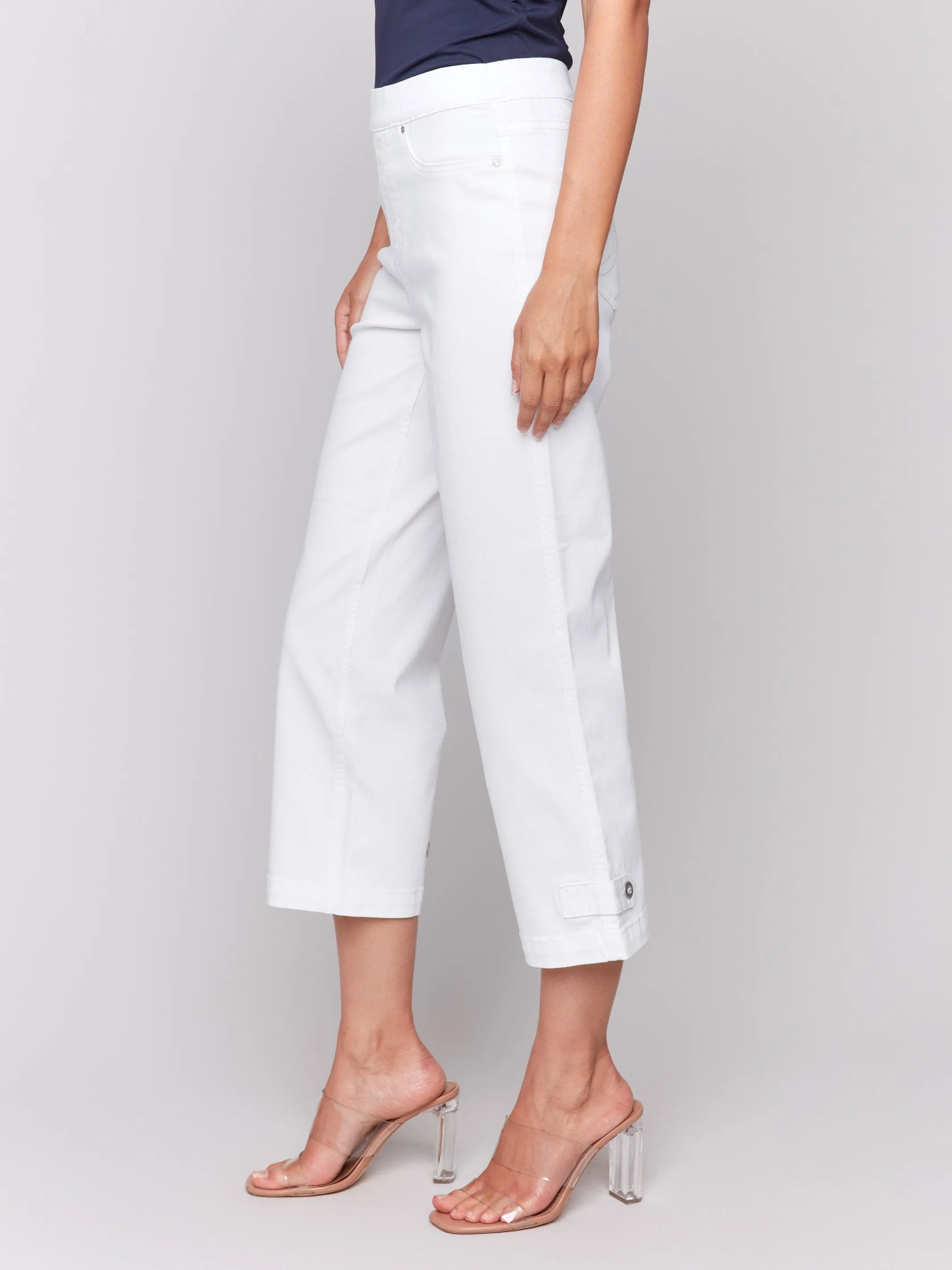 Adjustable Waist Cropped Pull-On Twill Pants with Hem Tab - White