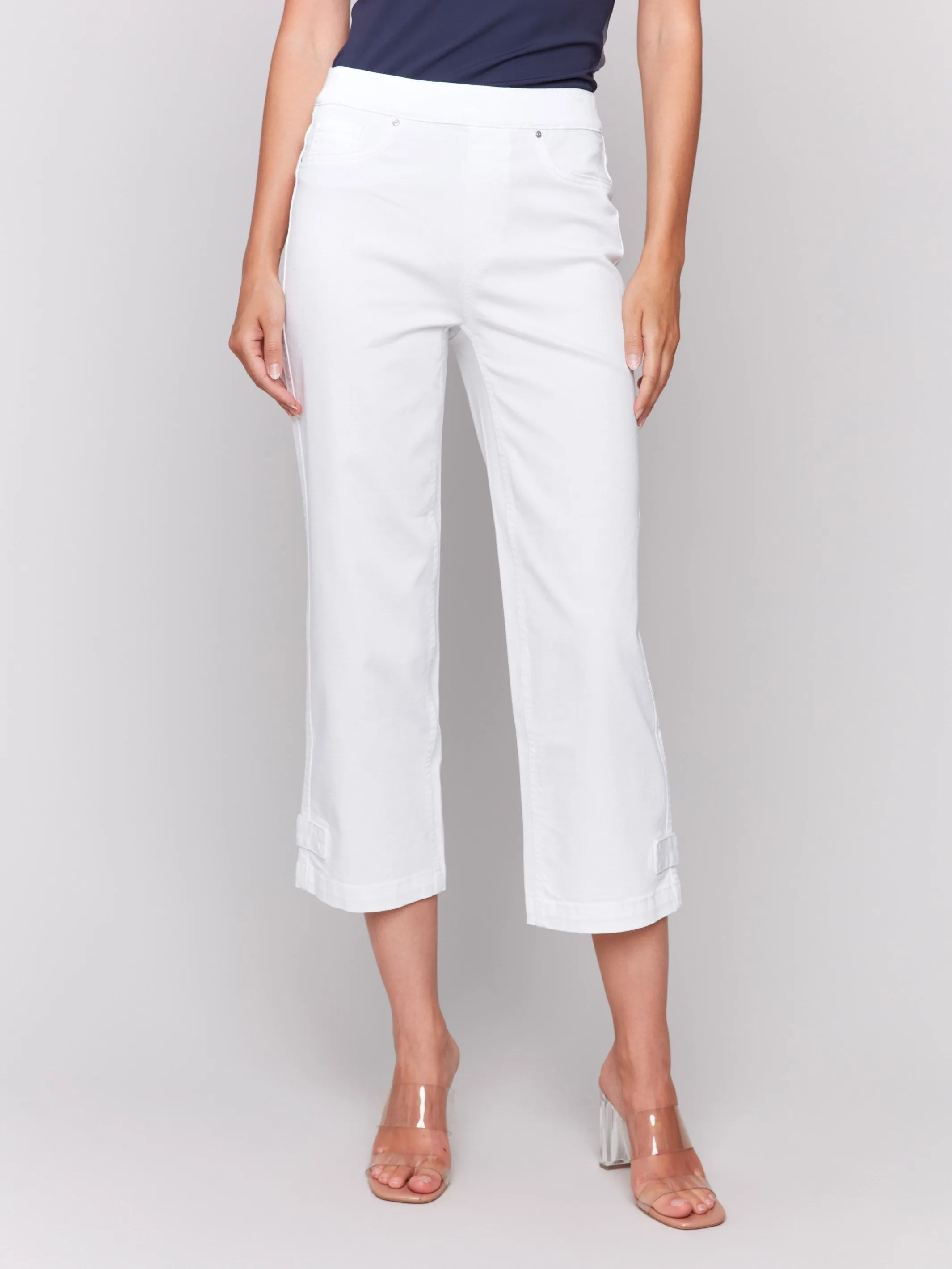 Cropped Pull-On Twill Pants with Hem Tab - White Unisex Outfit