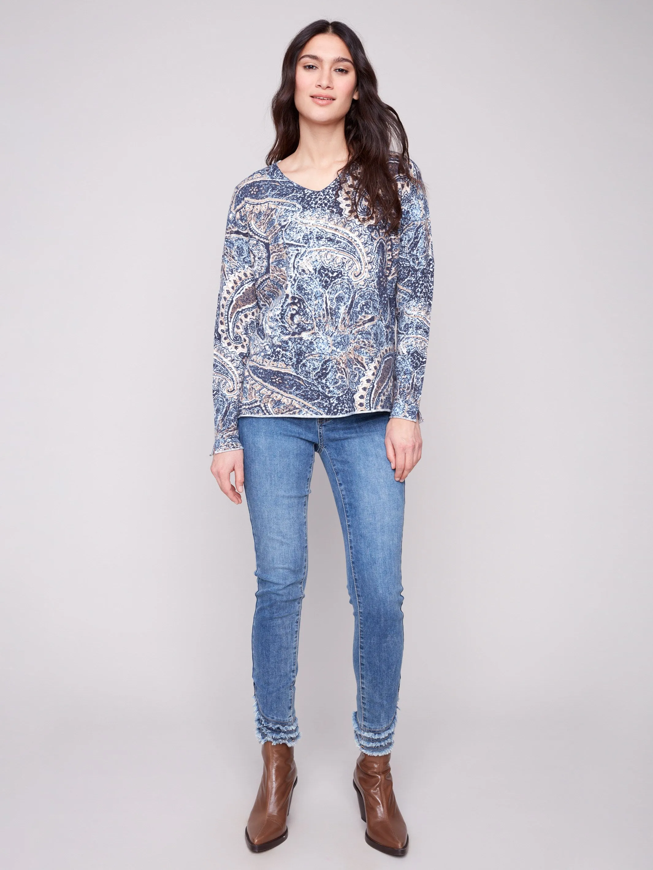 Printed V-Neck Sweater - Bohemian Cold Day Fashion