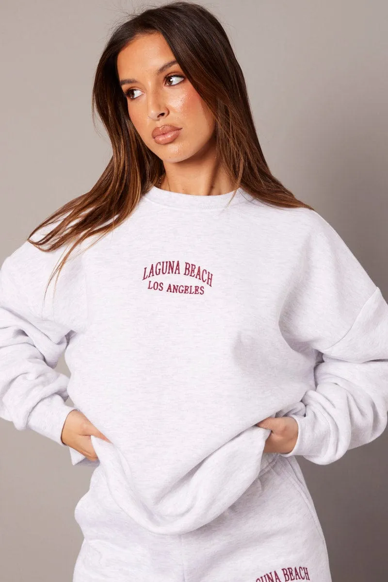 Grey Graphic Sweater Long Sleeve Street Cool City Casual