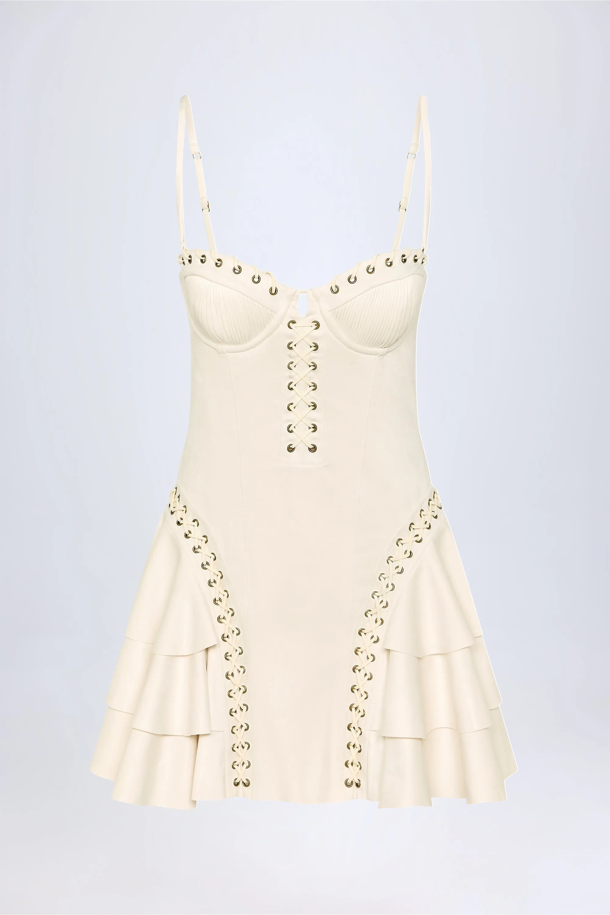 Fresh Style Trend Ride Lace-Up Tiered Corset Mini Dress in Ivory