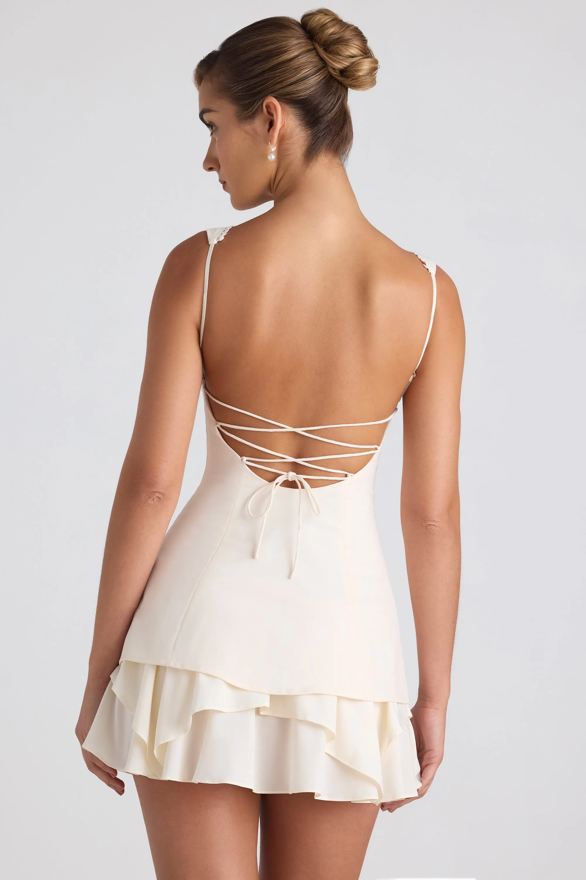 Glow Rush Ruffle-Trim Button-Detail Corset Mini Dress in Ivory