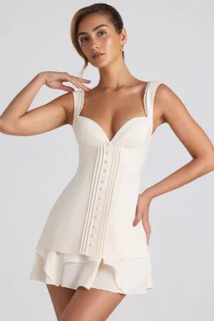 Ruffle-Trim Button-Detail Corset Mini Dress in Ivory Trendy Wearable Soft-touch summer dress