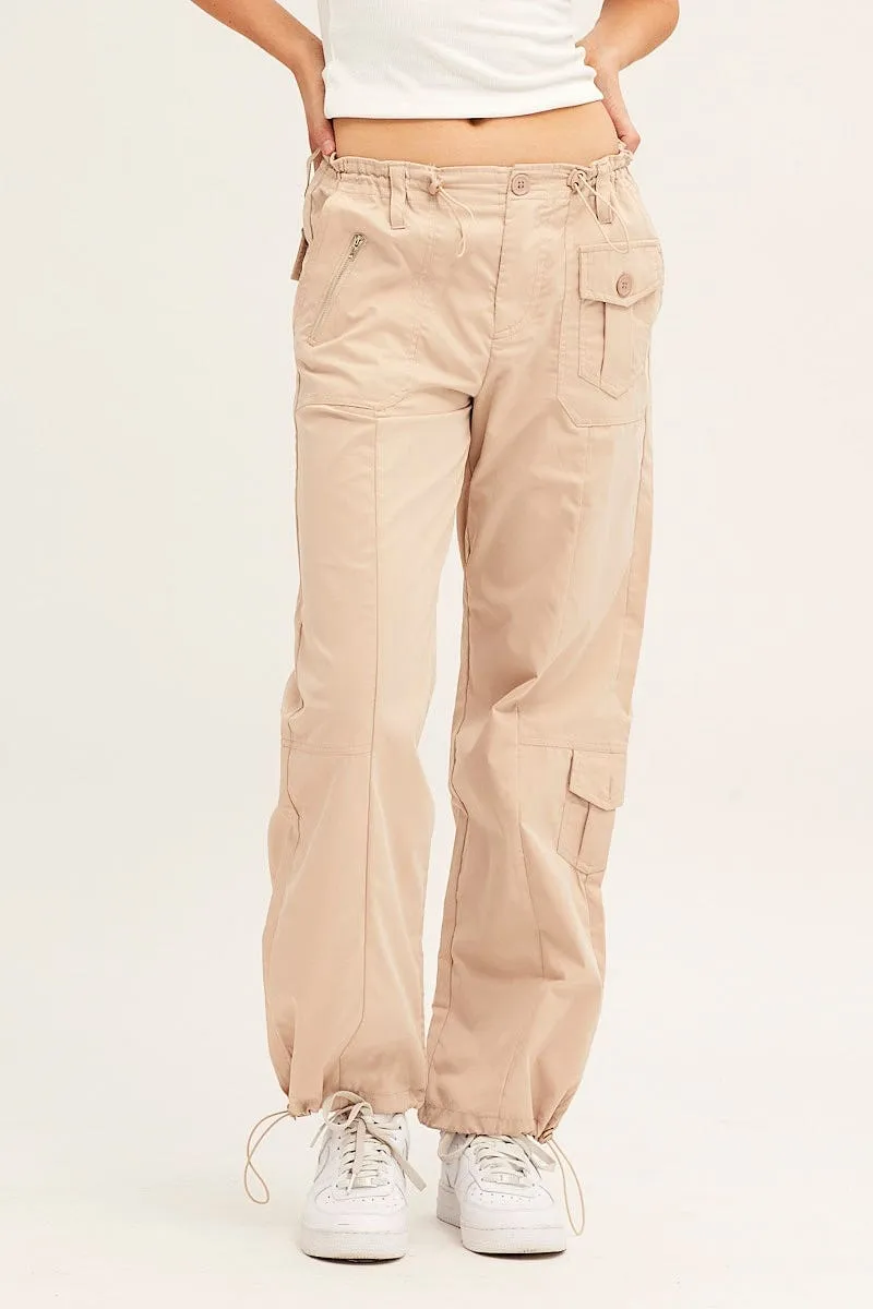 Durable Hemming Adjustable Waist Beige Pants Strap Waist Cargo