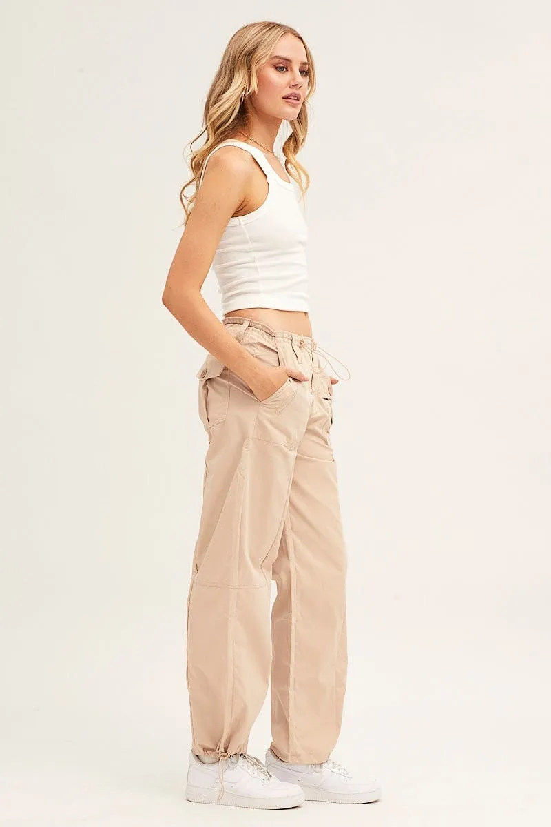 Perfect Stretch Beige Pants Strap Waist Cargo