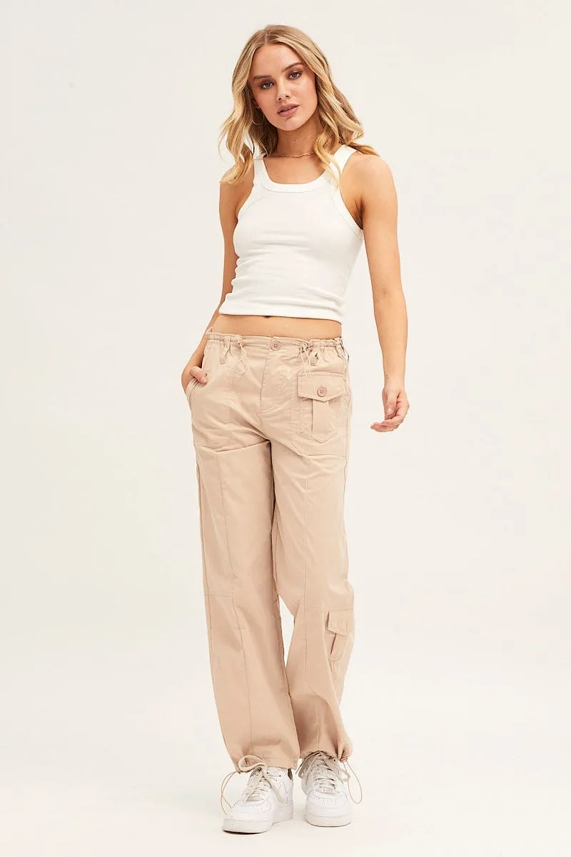 Beige Pants Strap Waist Cargo FlexFoamPadding