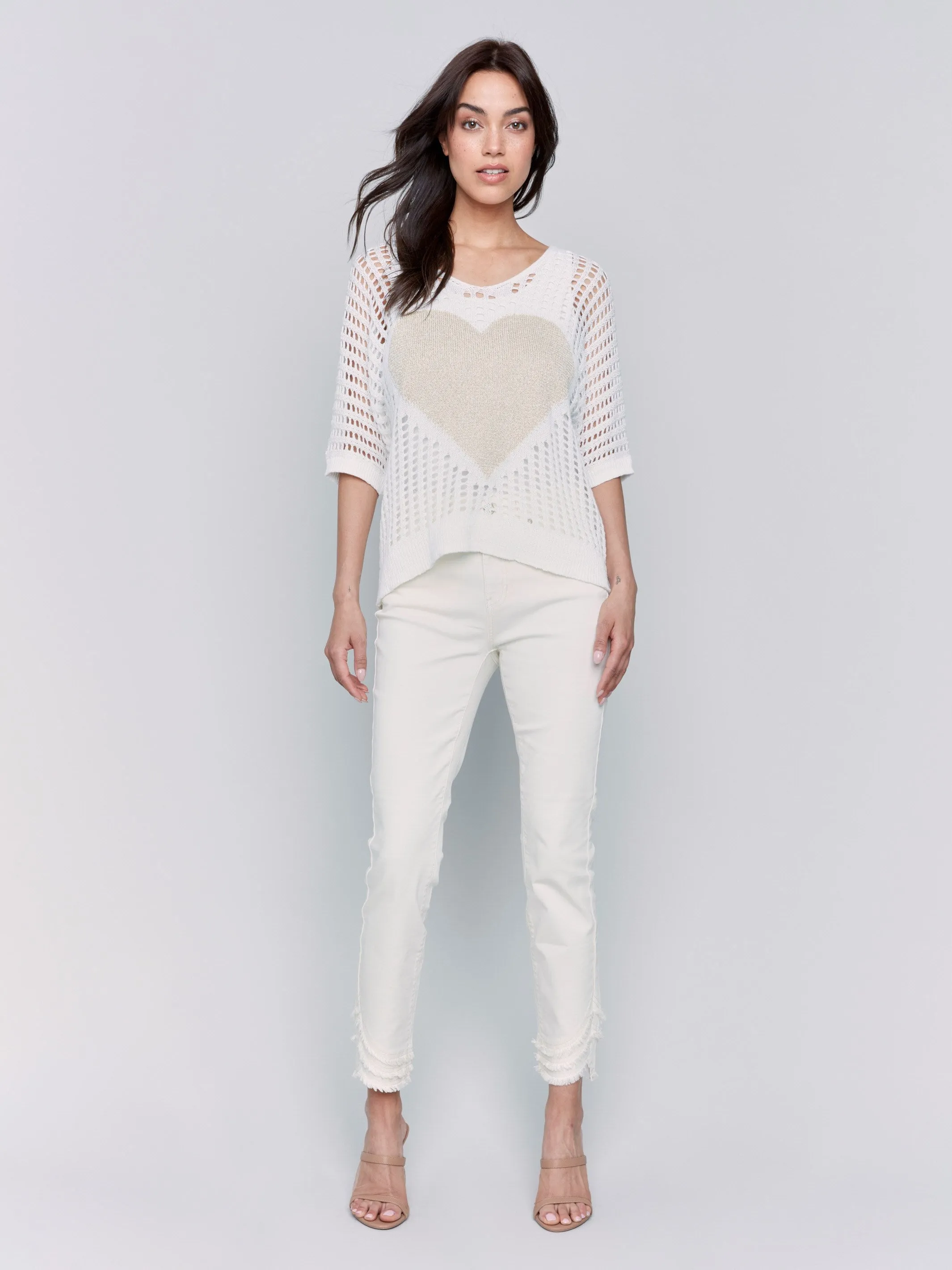 Layering Essential Fishnet V-Neck Sweater with Gold Heart - White