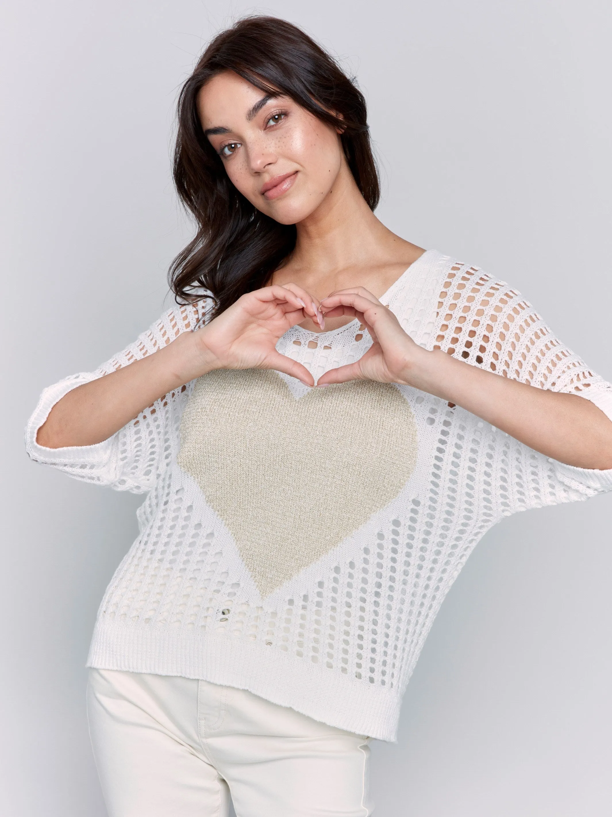 Snuggly Feel Chilly Comfort Fishnet V-Neck Sweater with Gold Heart - White