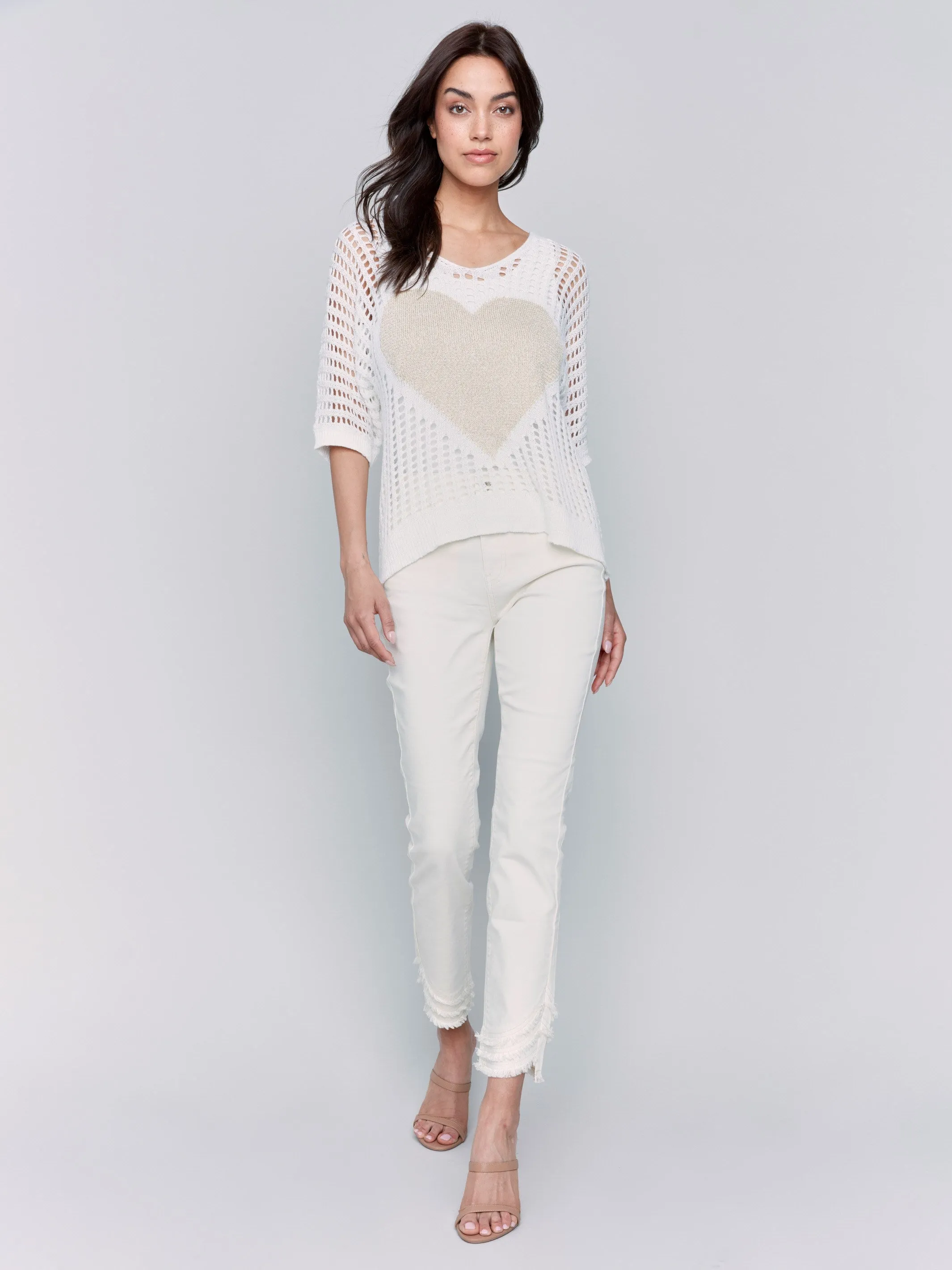 Knit Essentials Eco Conscious Processing Fishnet V-Neck Sweater with Gold Heart - White