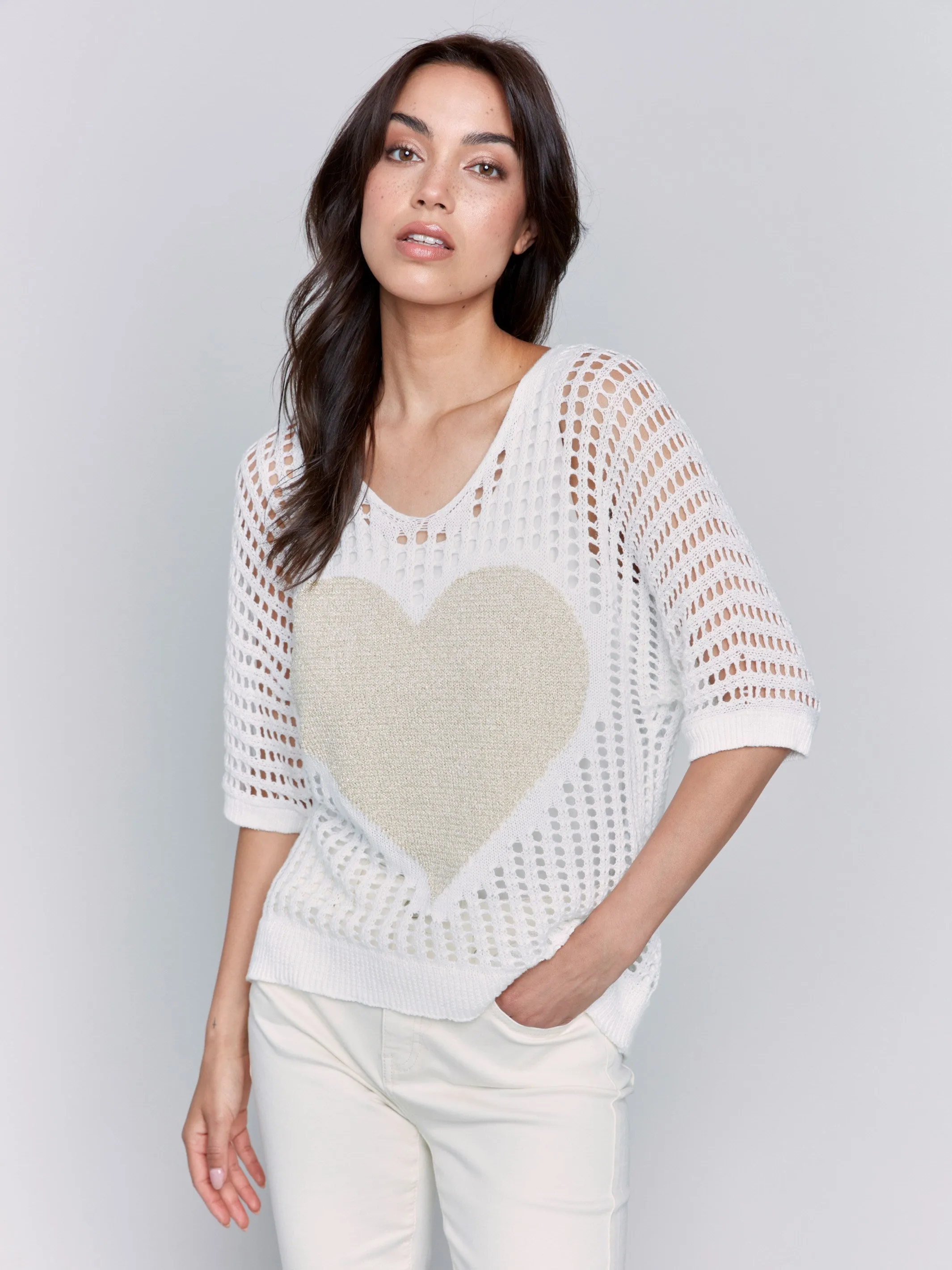 Soft and Cozy Fashionable Layering Fishnet V-Neck Sweater with Gold Heart - White