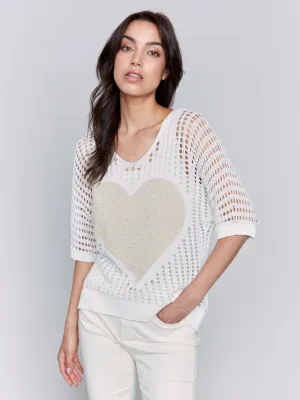 Soft and Cozy Fashionable Layering Fishnet V-Neck Sweater with Gold Heart - White