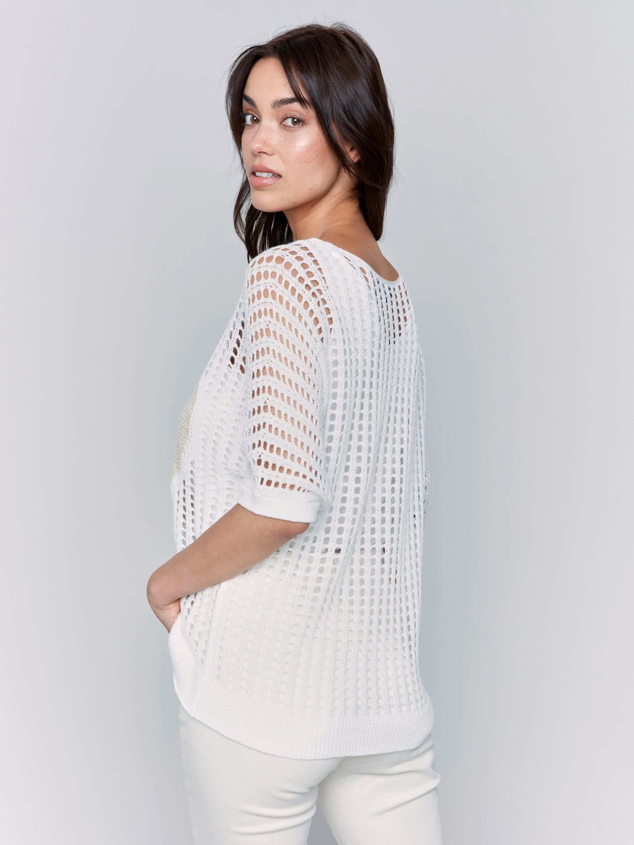 Fishnet V-Neck Sweater with Gold Heart - White Breathable knit Cozy Knit Design