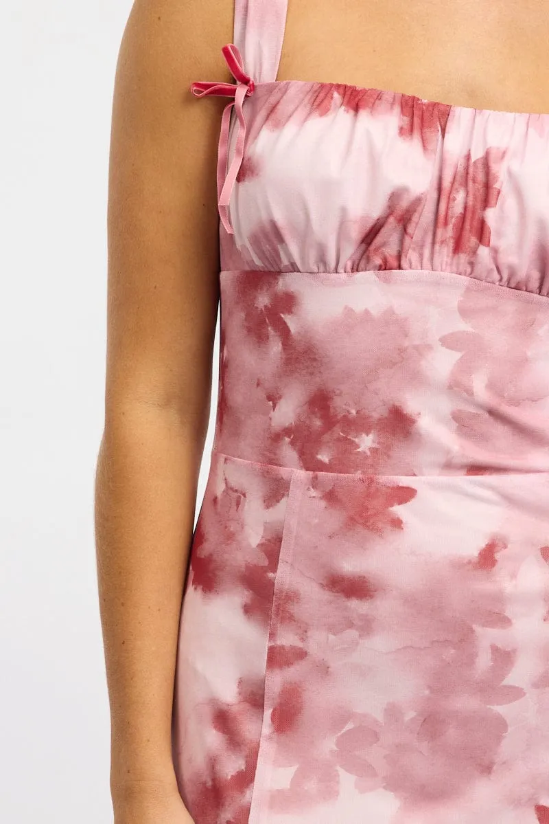 Moon View Pink Floral Midi Dress Gathered Bust Mesh