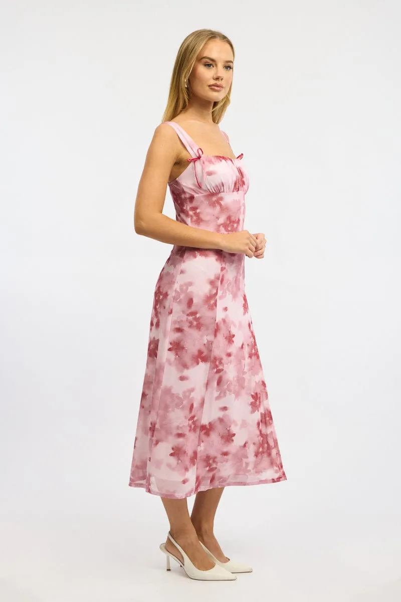 Pink Floral Midi Dress Gathered Bust Mesh Comfortable casual midi Minimalist Design