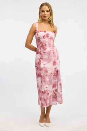 Pink Floral Midi Dress Gathered Bust Mesh Cozy Elegance