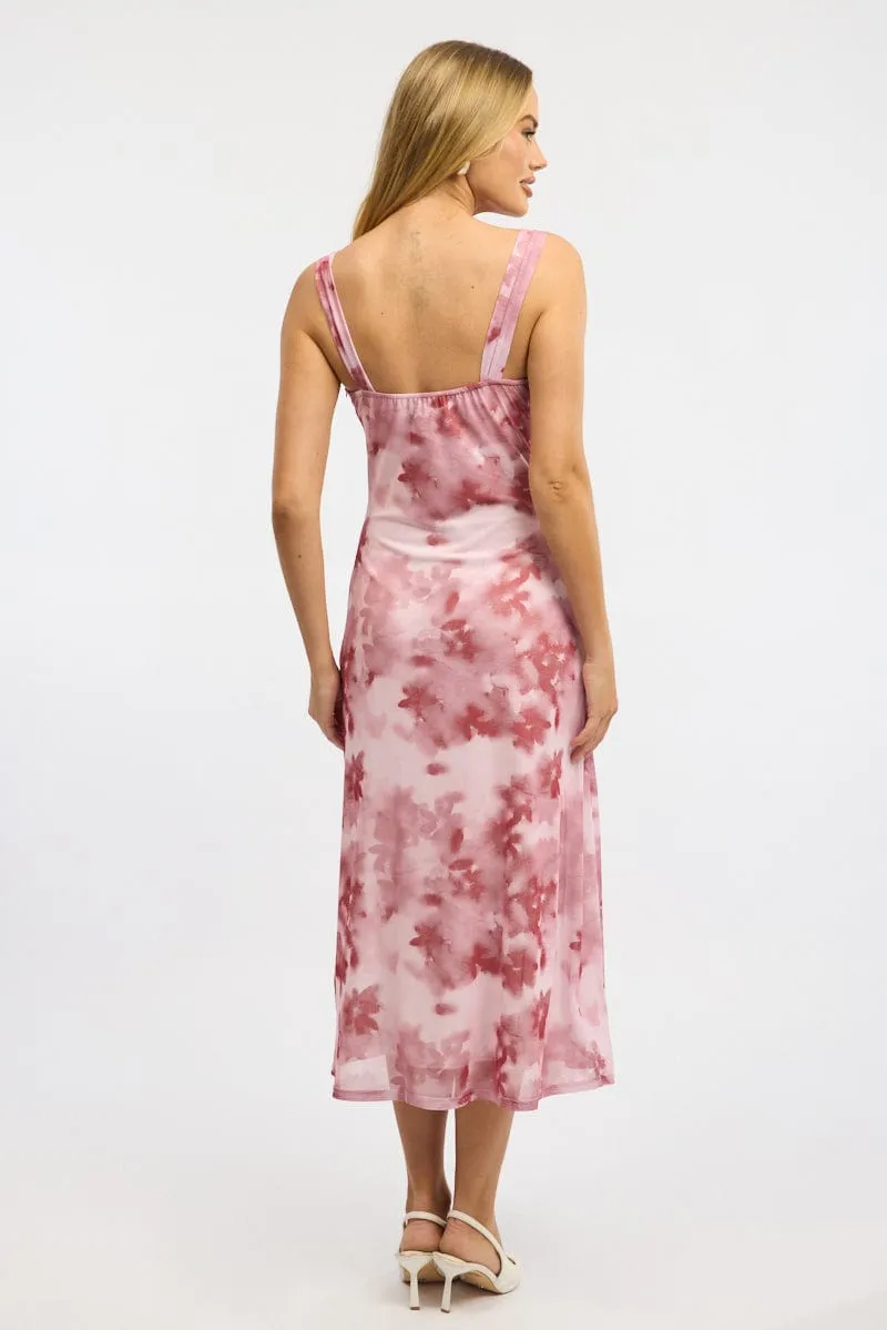 Stylish work-to-weekend outfit Pink Floral Midi Dress Gathered Bust Mesh