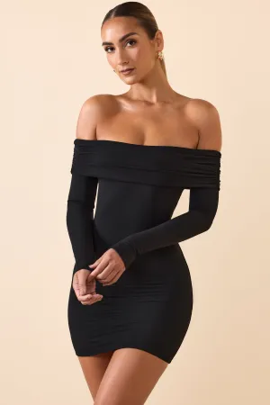 Adjustable drawstring Stage Warm Modal Off-Shoulder Mini Dress in Black