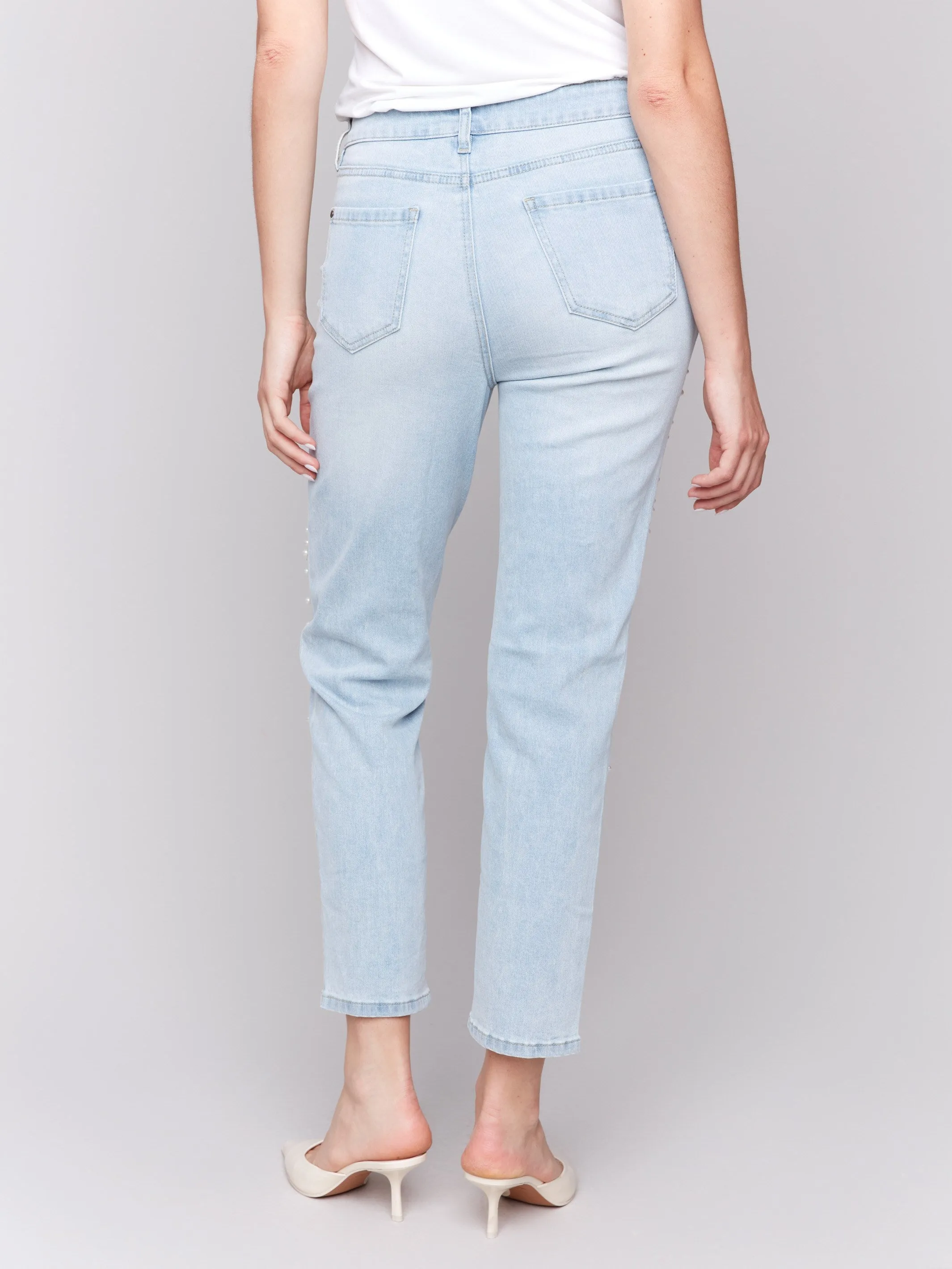 Couple Look Work Ready Pearl Appliqu?? Slim Leg Jeans with Distressed Detail - Light Blue