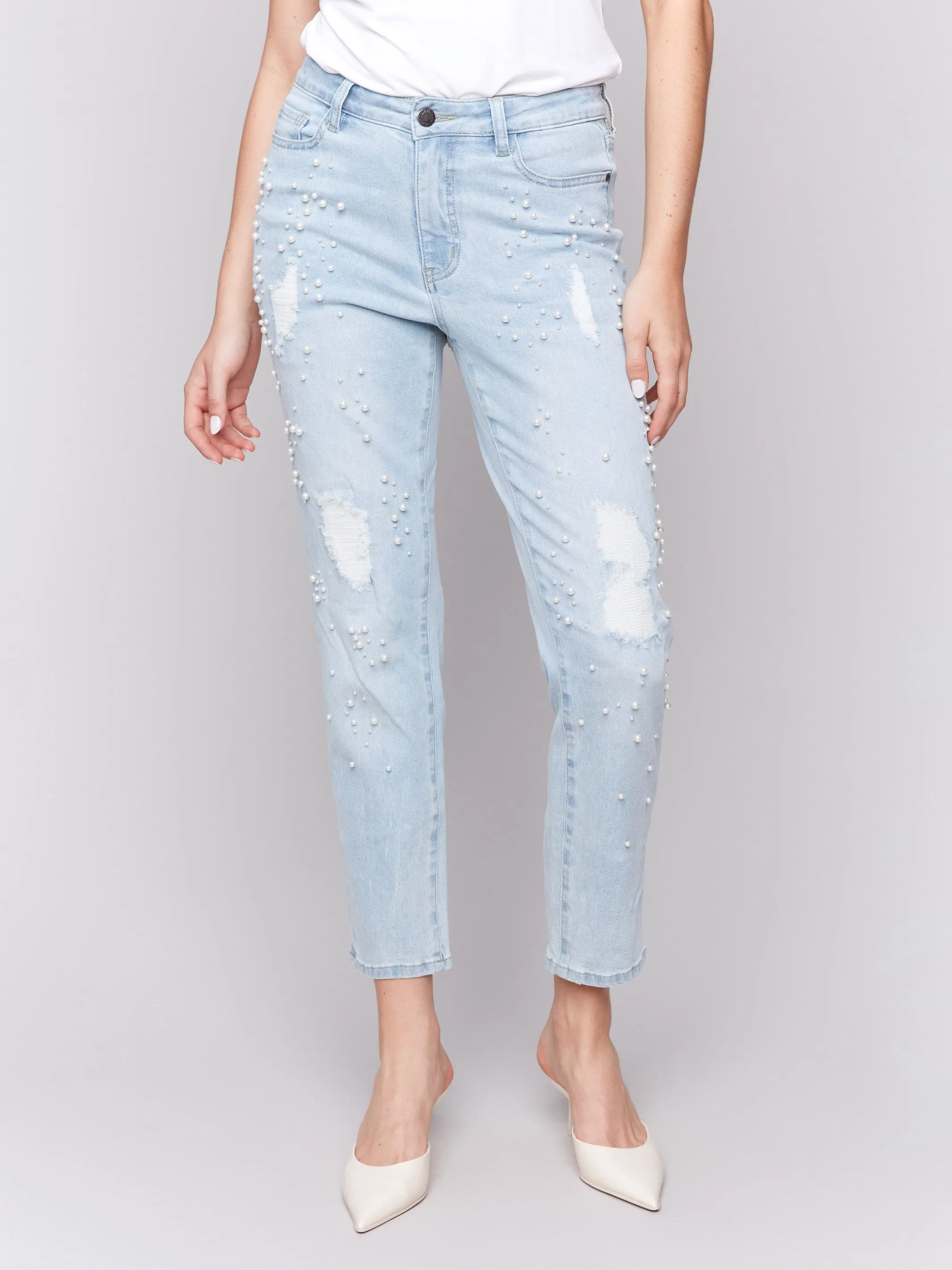 Popular Style Pearl Appliqu?? Slim Leg Jeans with Distressed Detail - Light Blue