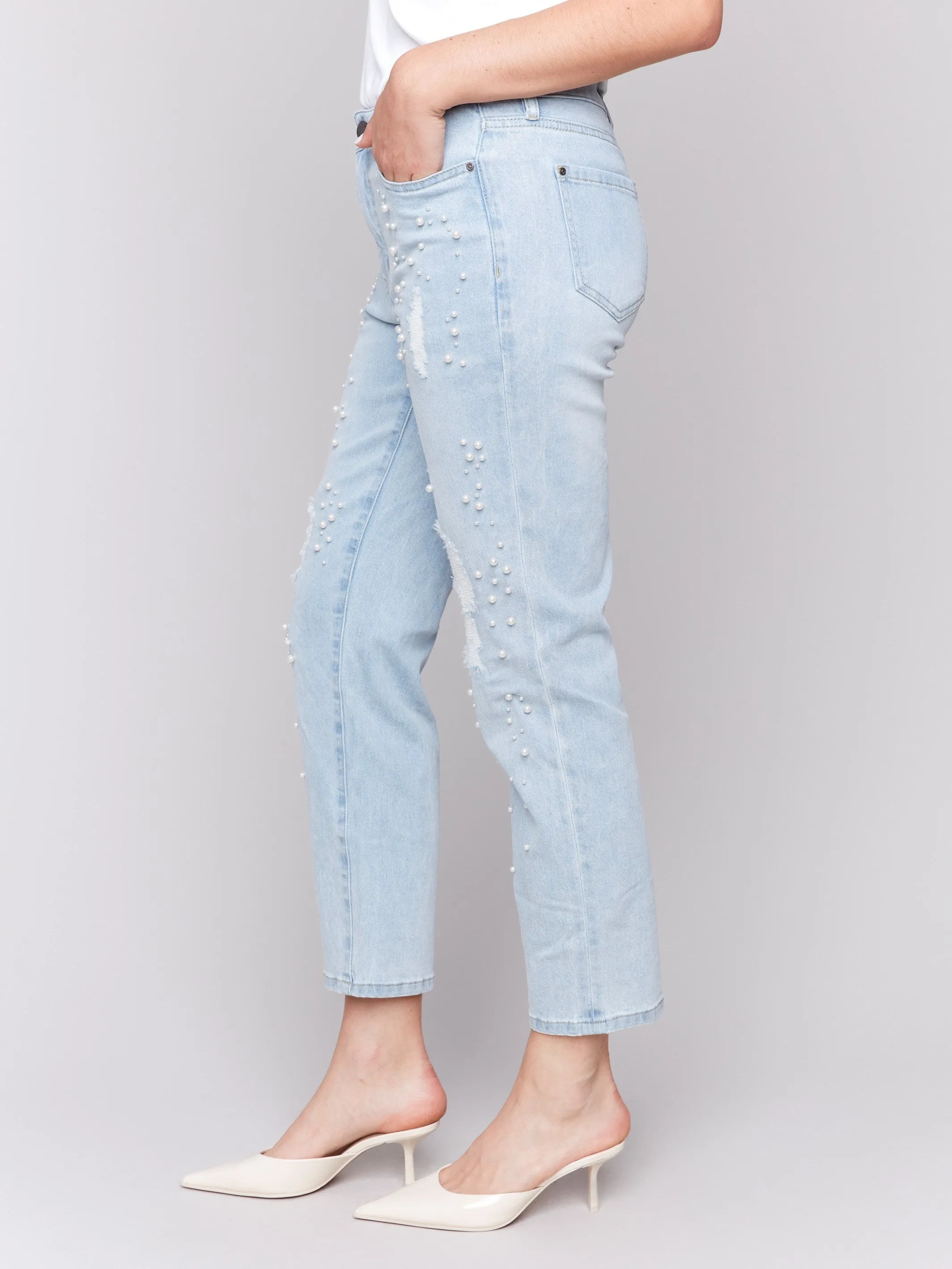 Urban Mood Pearl Appliqu?? Slim Leg Jeans with Distressed Detail - Light Blue