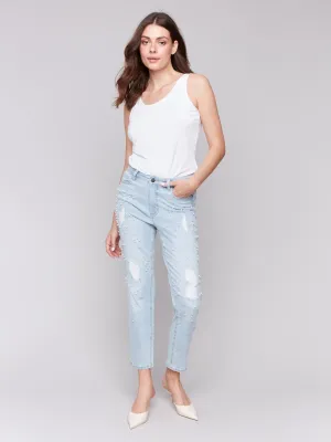 Double Layered Knees Pearl Appliqu?? Slim Leg Jeans with Distressed Detail - Light Blue
