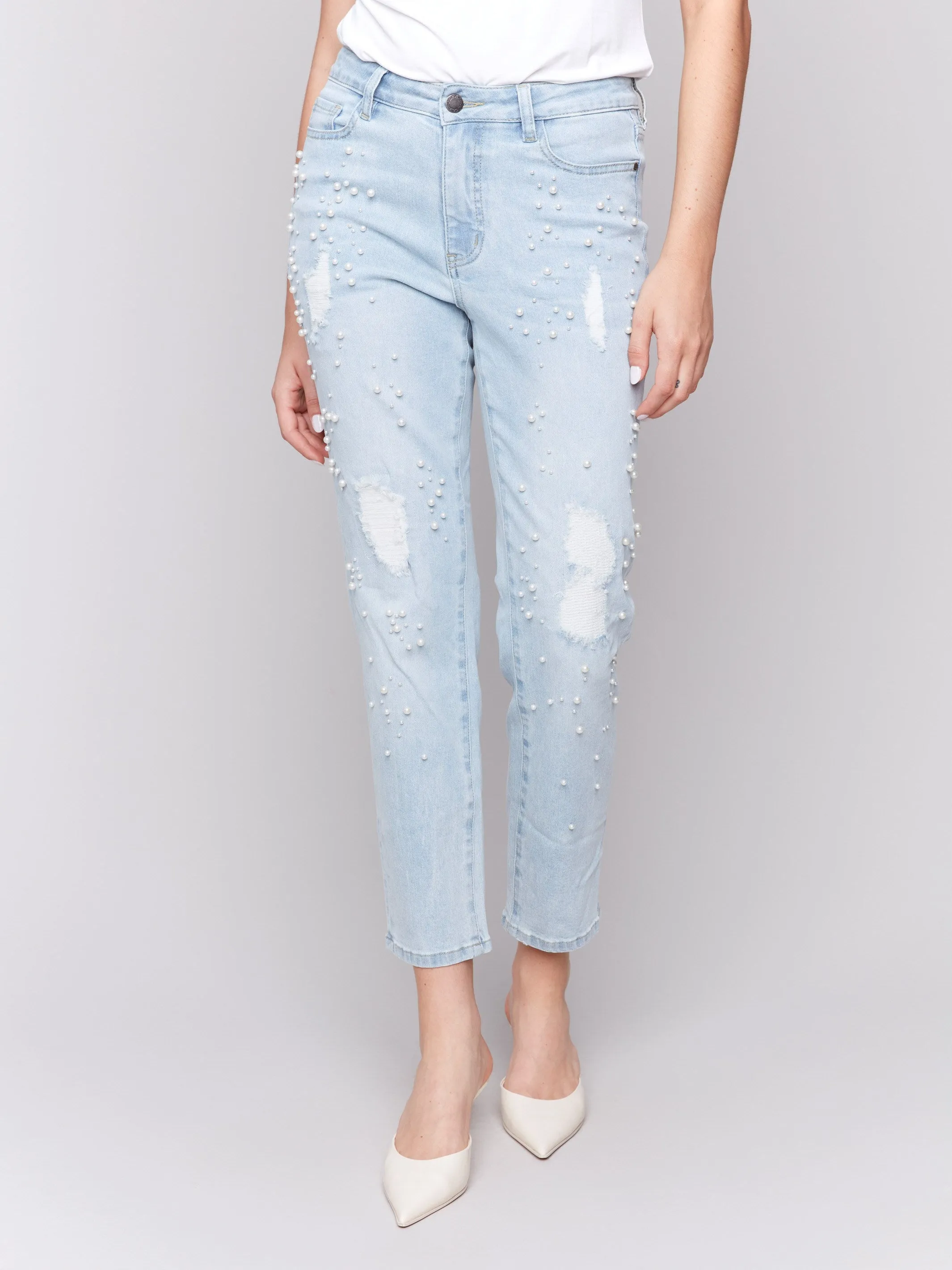 Stretch Road Trip Brunch Outfit Pearl Appliqu?? Slim Leg Jeans with Distressed Detail - Light Blue