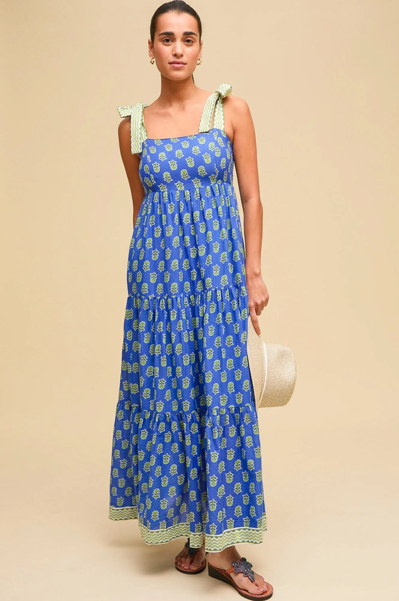 The lightweight fabric of this dress ensures it is breathable and comfortable in any weather Fall Path Tabitha Printed Organic Cotton Dress | Odisha Print Blue/Green