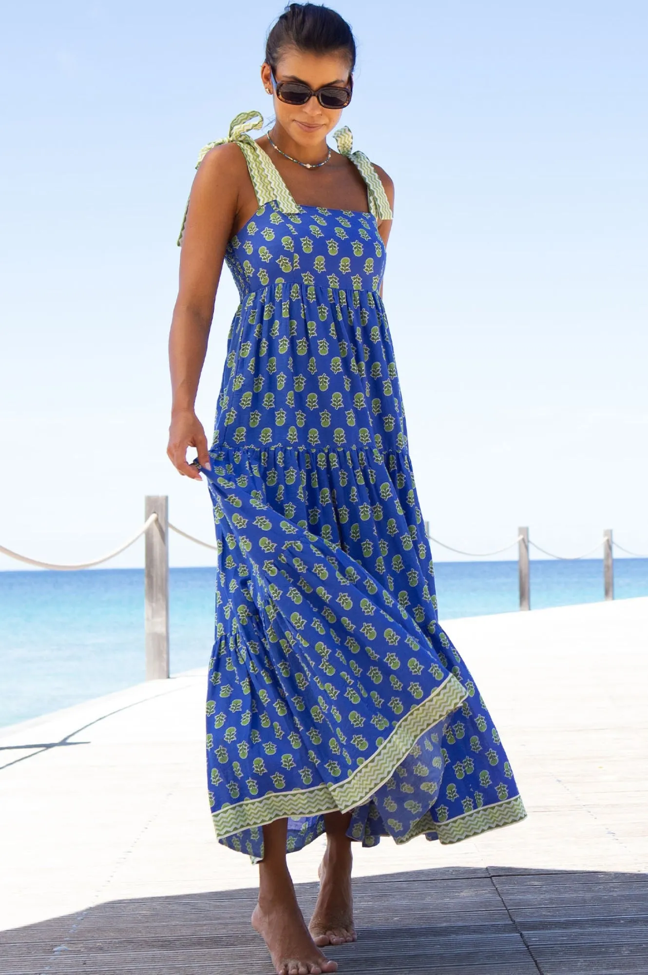 Drift Sand Navy Tone Tabitha Printed Organic Cotton Dress | Odisha Print Blue/Green
