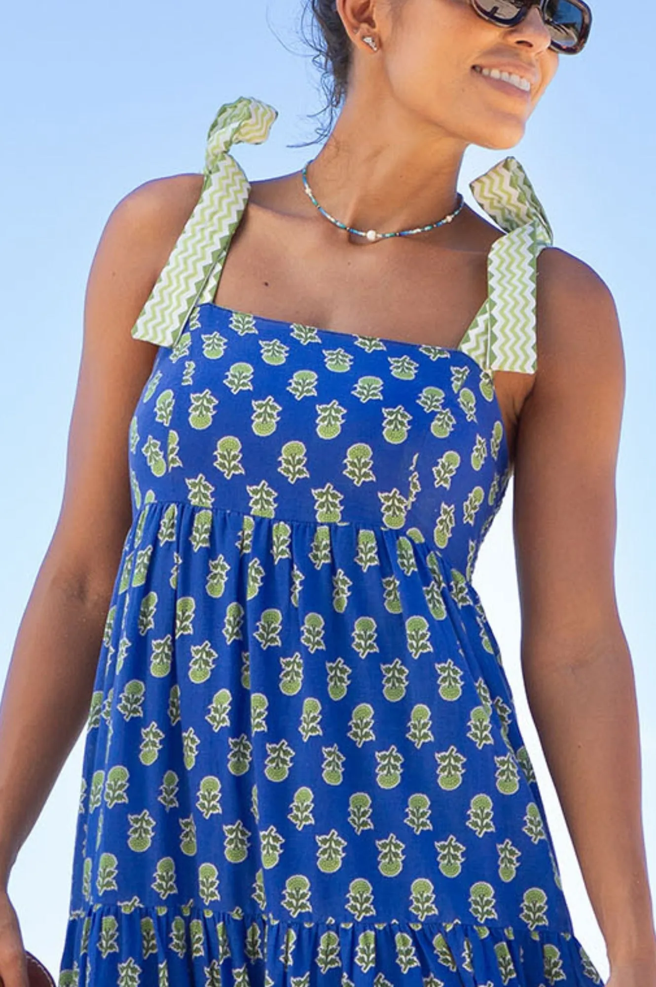 Tabitha Printed Organic Cotton Dress | Odisha Print Blue/Green River Walk The flowing nature of this maxi dress ensures that you can move freely without sacrificing style
