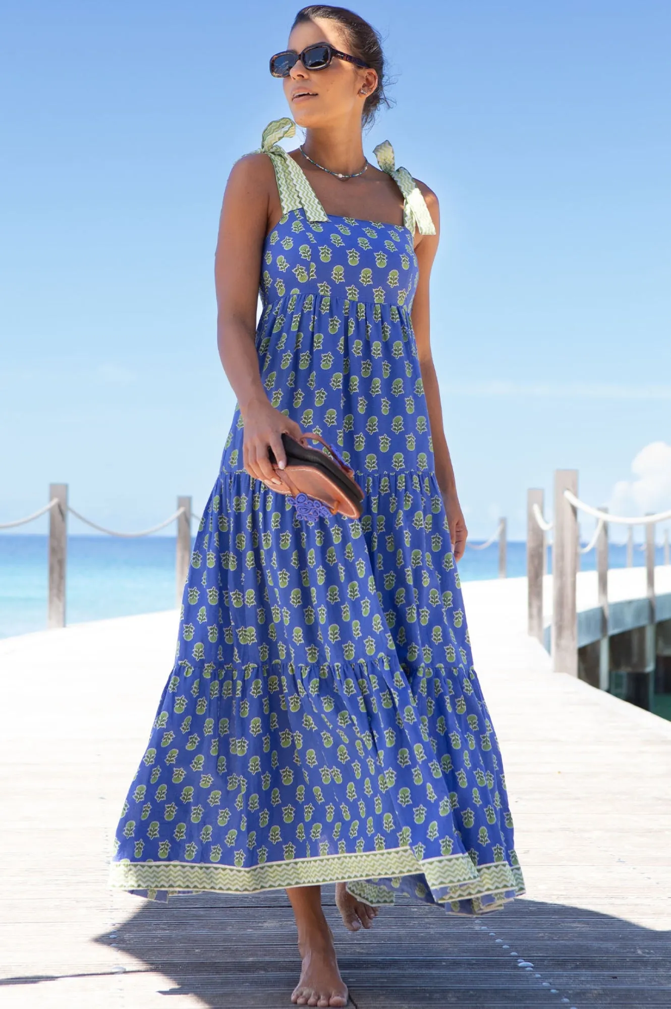 Tabitha Printed Organic Cotton Dress | Odisha Print Blue/Green Star Glow Diamond Shine