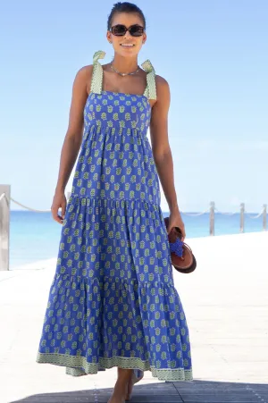 Tabitha Printed Organic Cotton Dress | Odisha Print Blue/Green spring fresh
