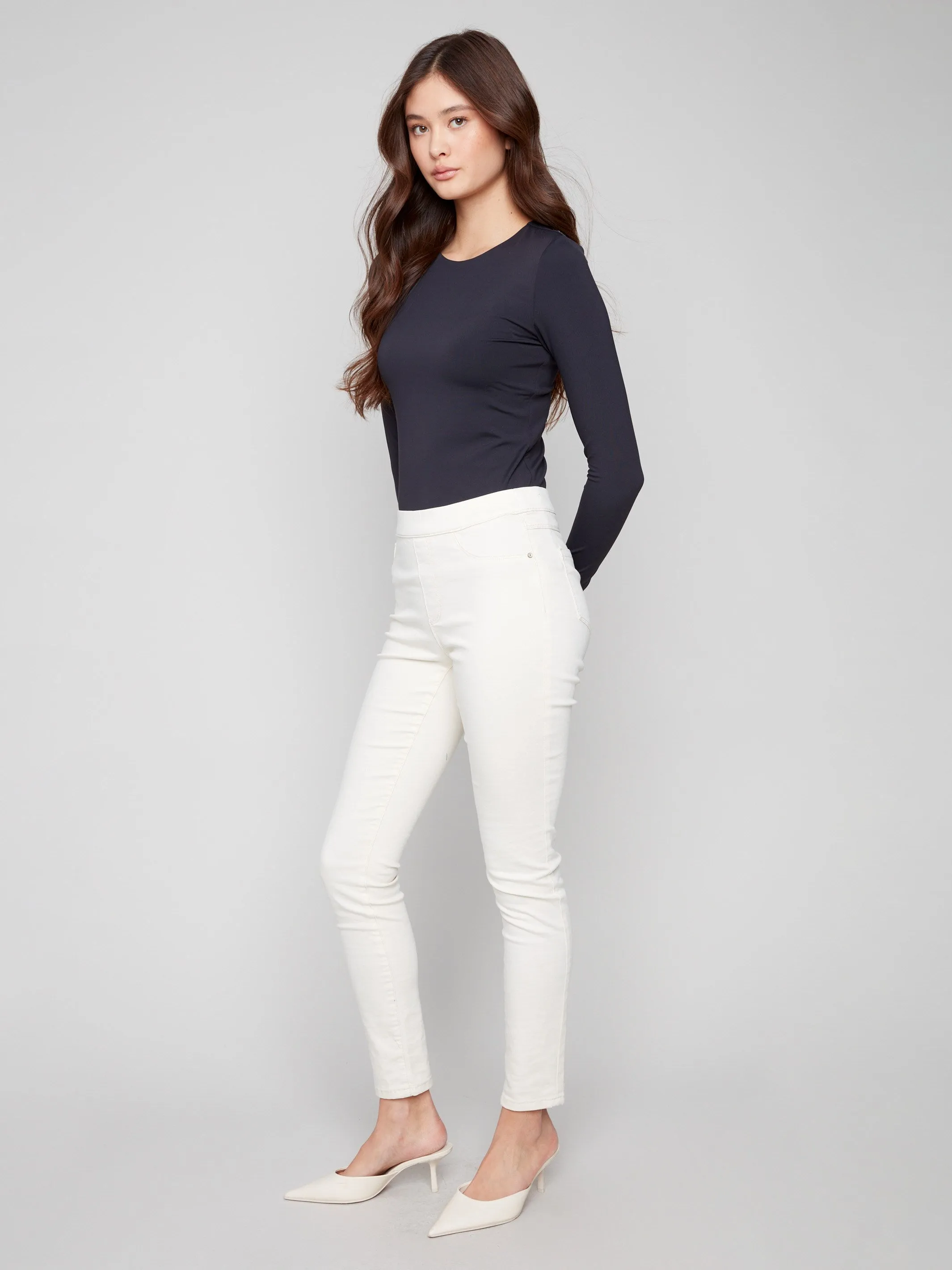Weighted Hemline Elegant Travel Outfit Minimalist Style Twill Pull-On Pants - Natural