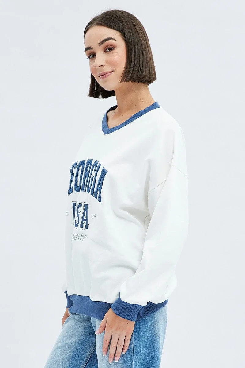 anti pill coating User Experience White Sweat Shirt Long Sleeve V-Neck Georgia Terry