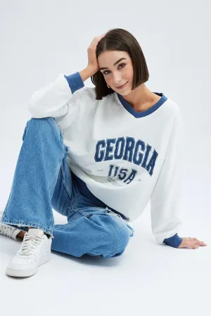 product customization options Fashionable Comfort White Sweat Shirt Long Sleeve V-Neck Georgia Terry