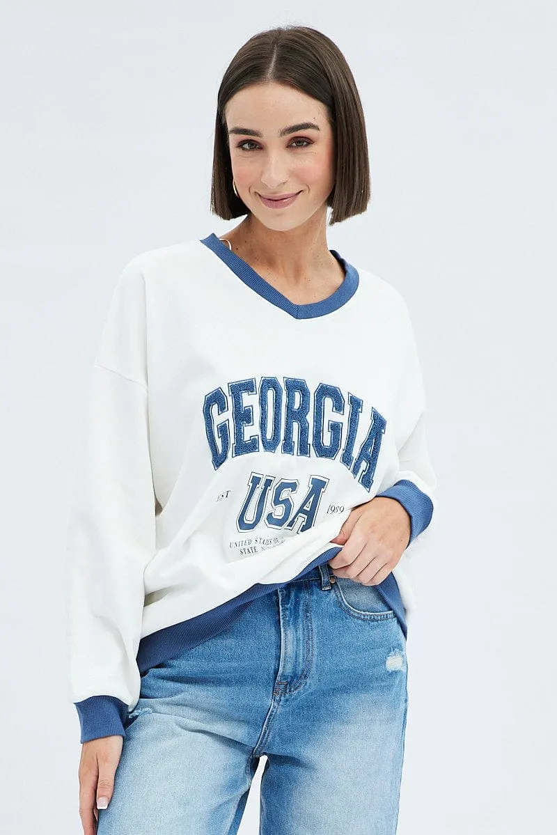 Weekend Layer Soft Feel White Sweat Shirt Long Sleeve V-Neck Georgia Terry
