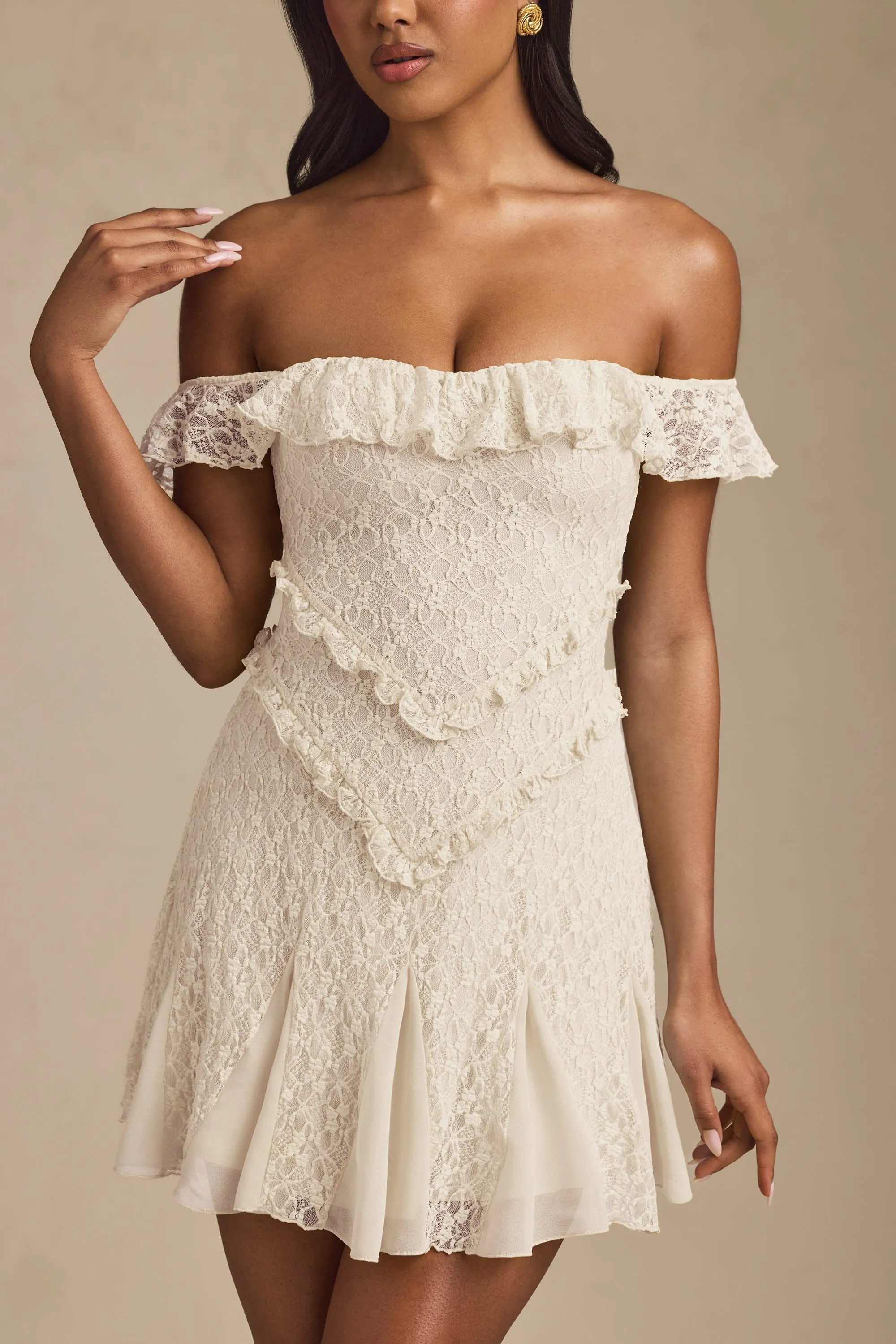 Off-Shoulder Lace A-Line Mini Dress in Ivory Lightweight mini dress Playful evening dress