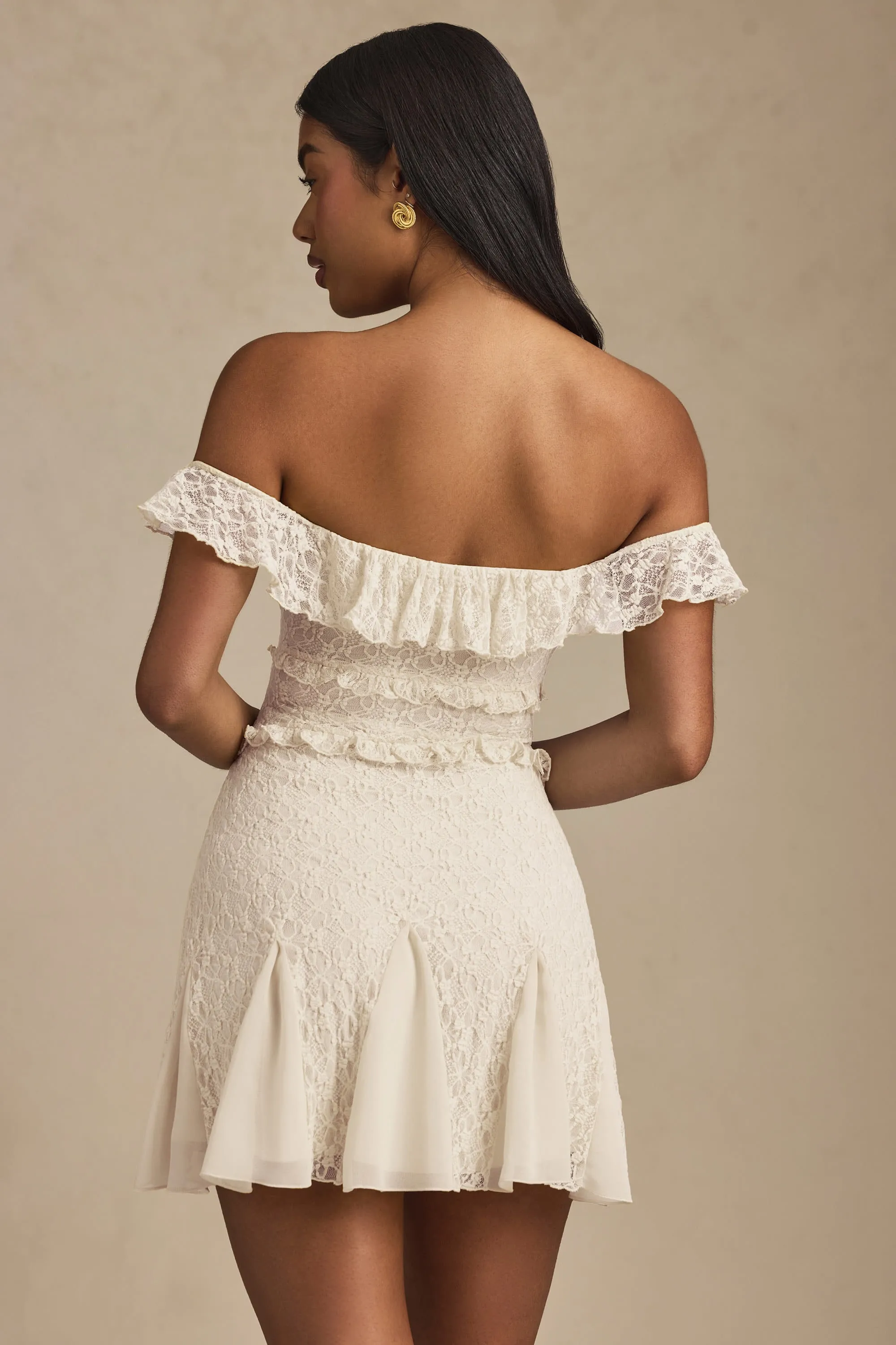 Sleek fit-and-flare style Relaxed Chic Off-Shoulder Lace A-Line Mini Dress in Ivory