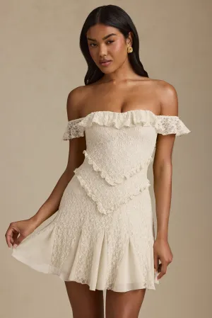 Off-Shoulder Lace A-Line Mini Dress in Ivory Trendy mini for every occasion