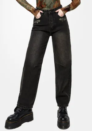 Evening Stroll Weekend Getaway Veltha Floral Embroidered Denim Barrel Leg Jeans