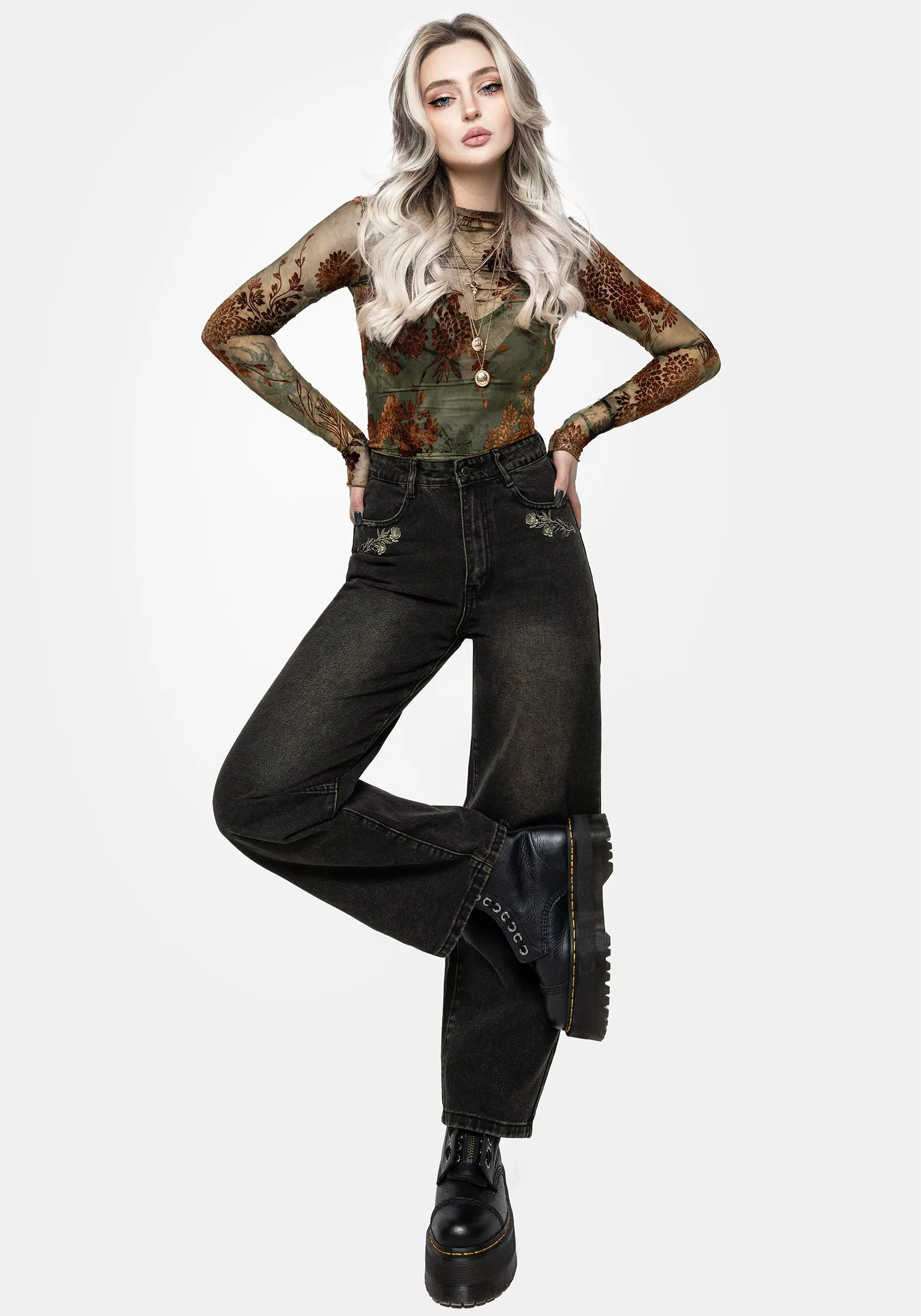 Neutral Outfit Veltha Floral Embroidered Denim Barrel Leg Jeans