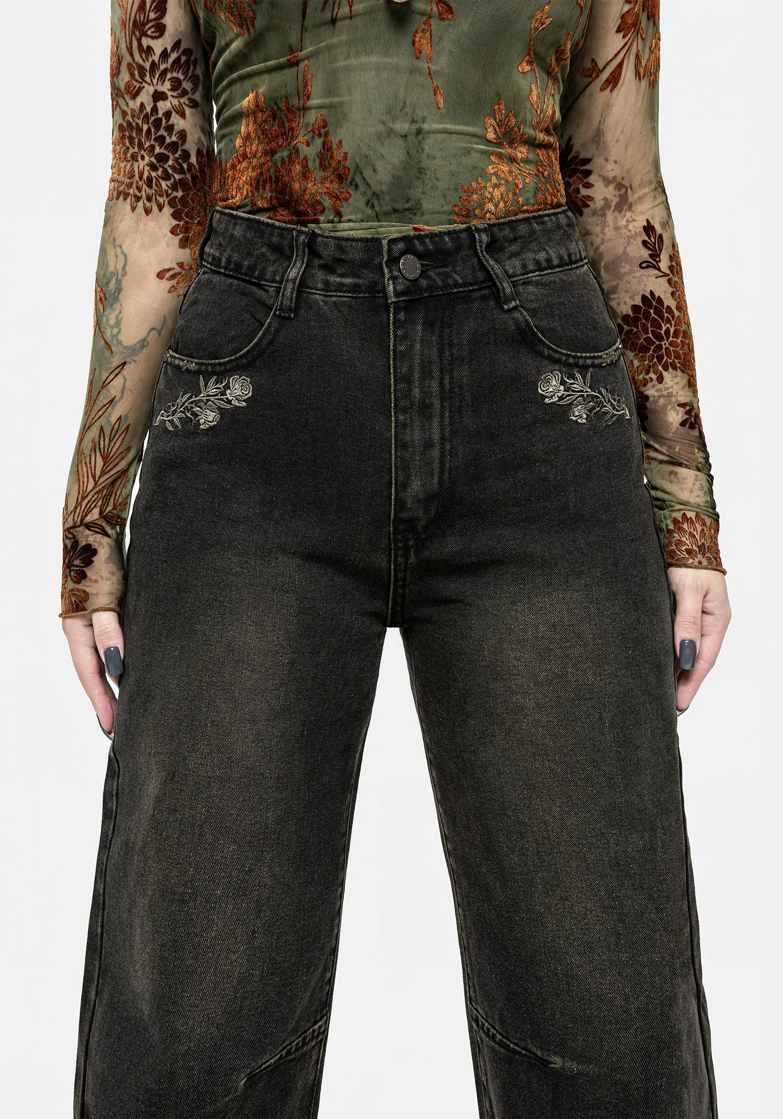 Veltha Floral Embroidered Denim Barrel Leg Jeans Festival Outfit Comfy