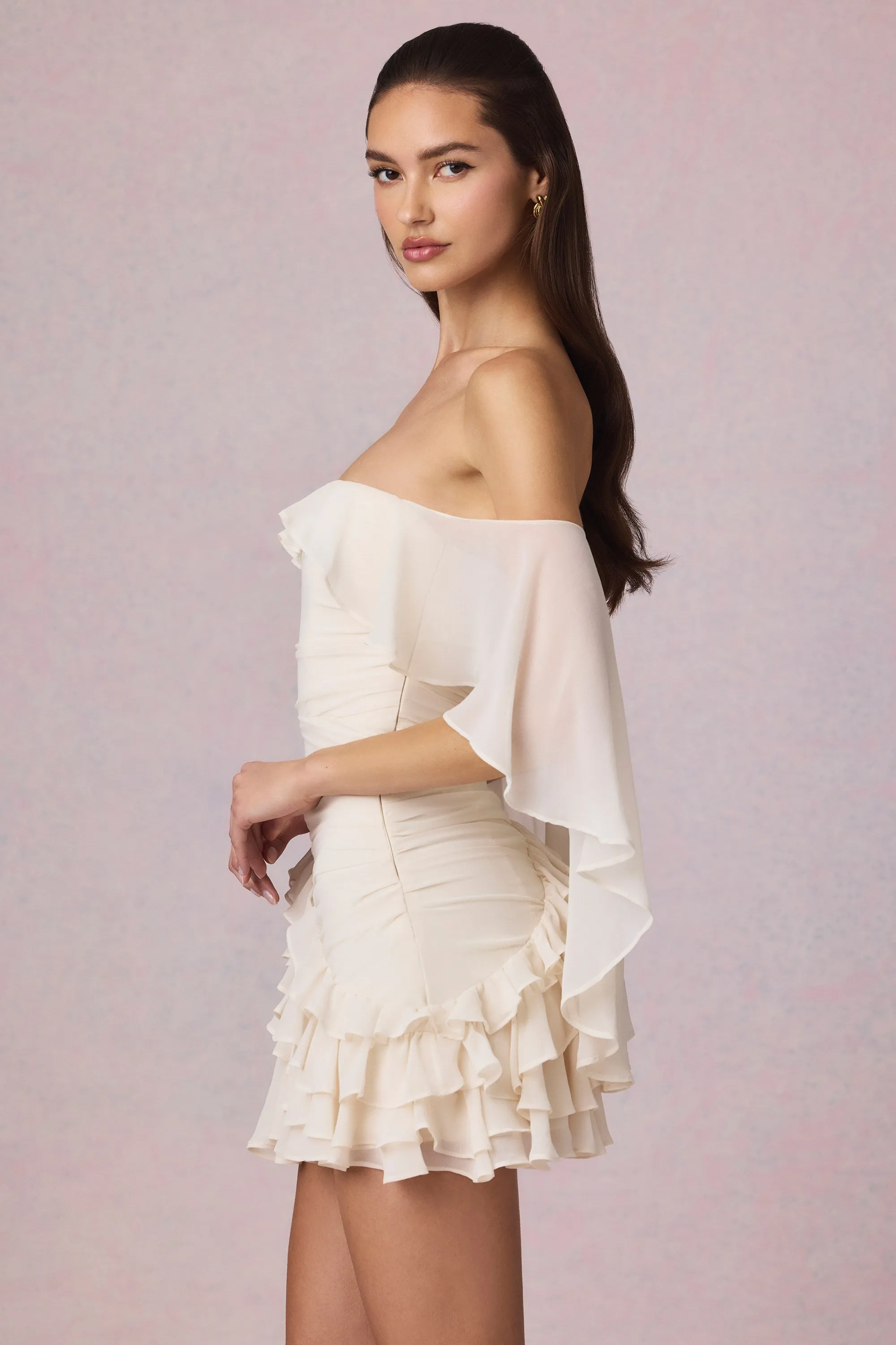 Off-Shoulder Ruffled Mini Dress in Ivory Light Beat