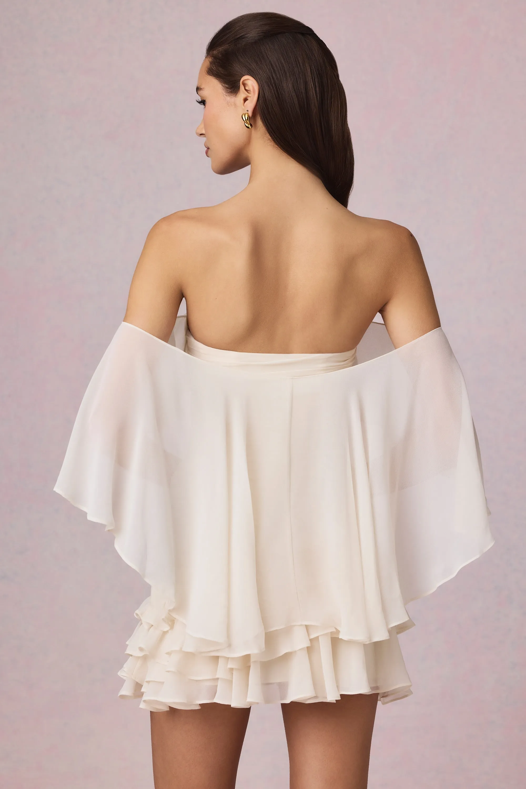 Off-Shoulder Ruffled Mini Dress in Ivory Feminine short dress