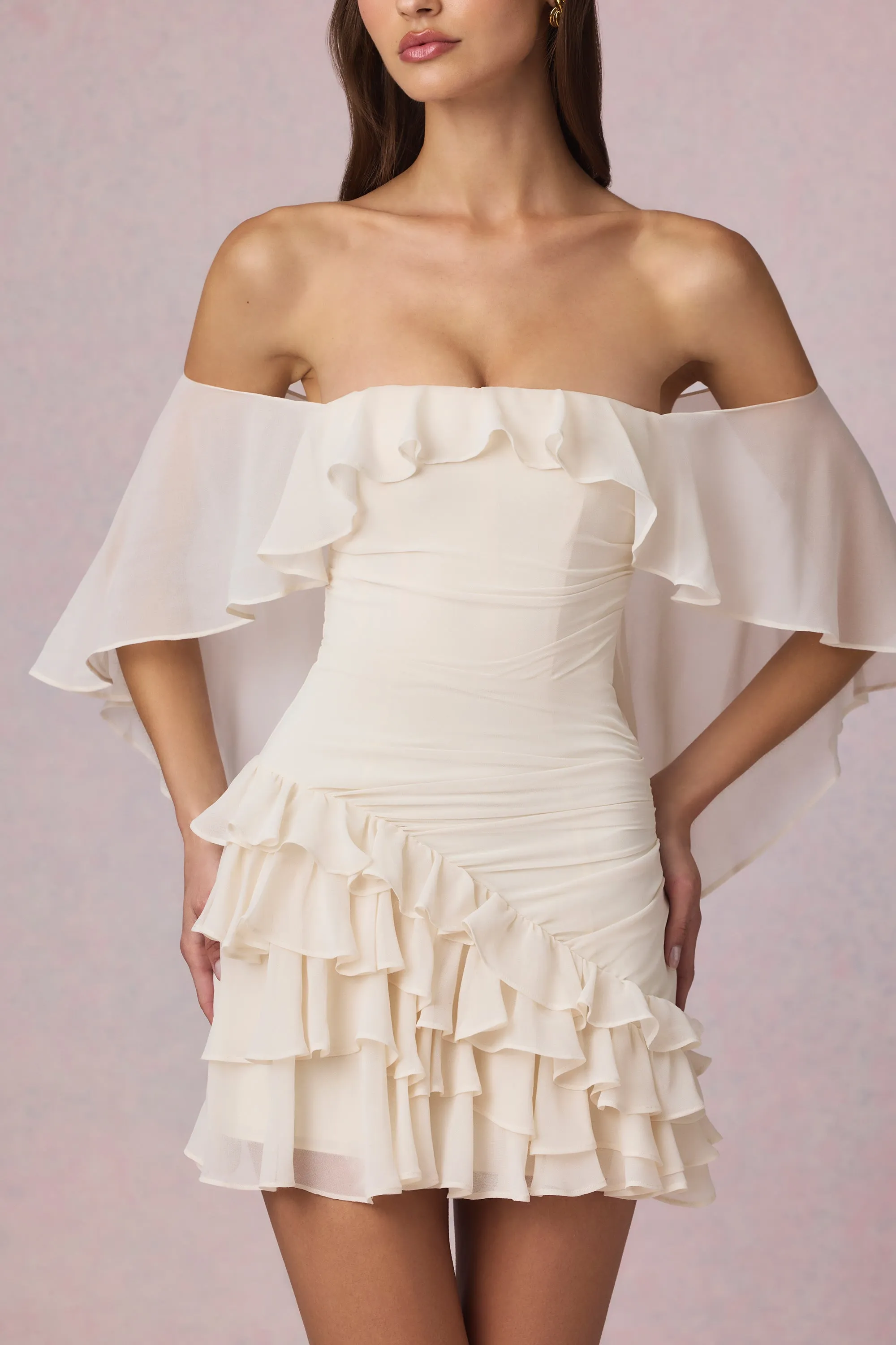 Youthful Chic Off-Shoulder Ruffled Mini Dress in Ivory