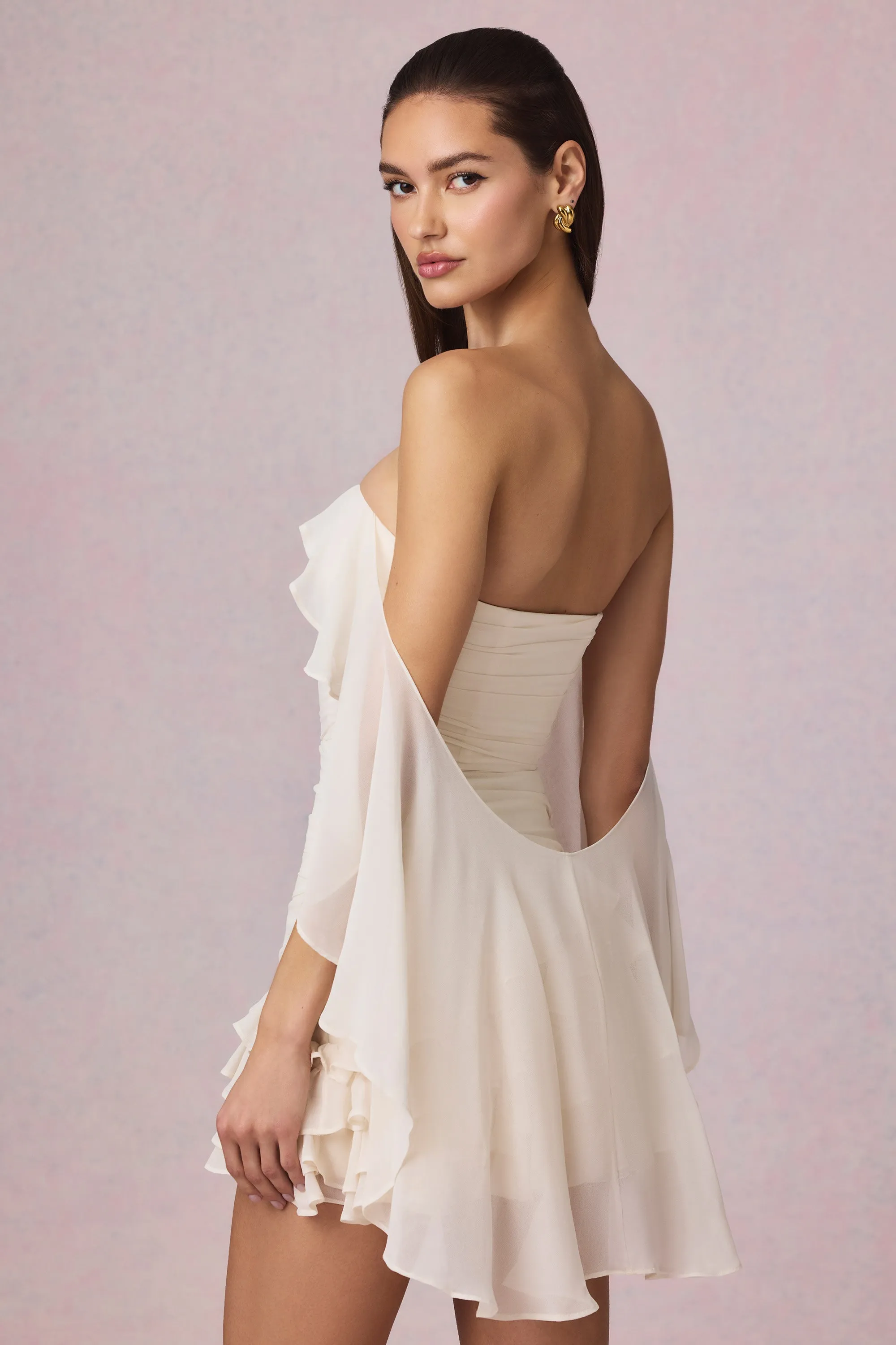 Off-Shoulder Ruffled Mini Dress in Ivory Versatile Look Roll Up Sleeve Adaptation