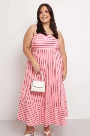 This dress features a classic design that works well for both day and night wear Pink Stripe Maxi Dress Sleeveless