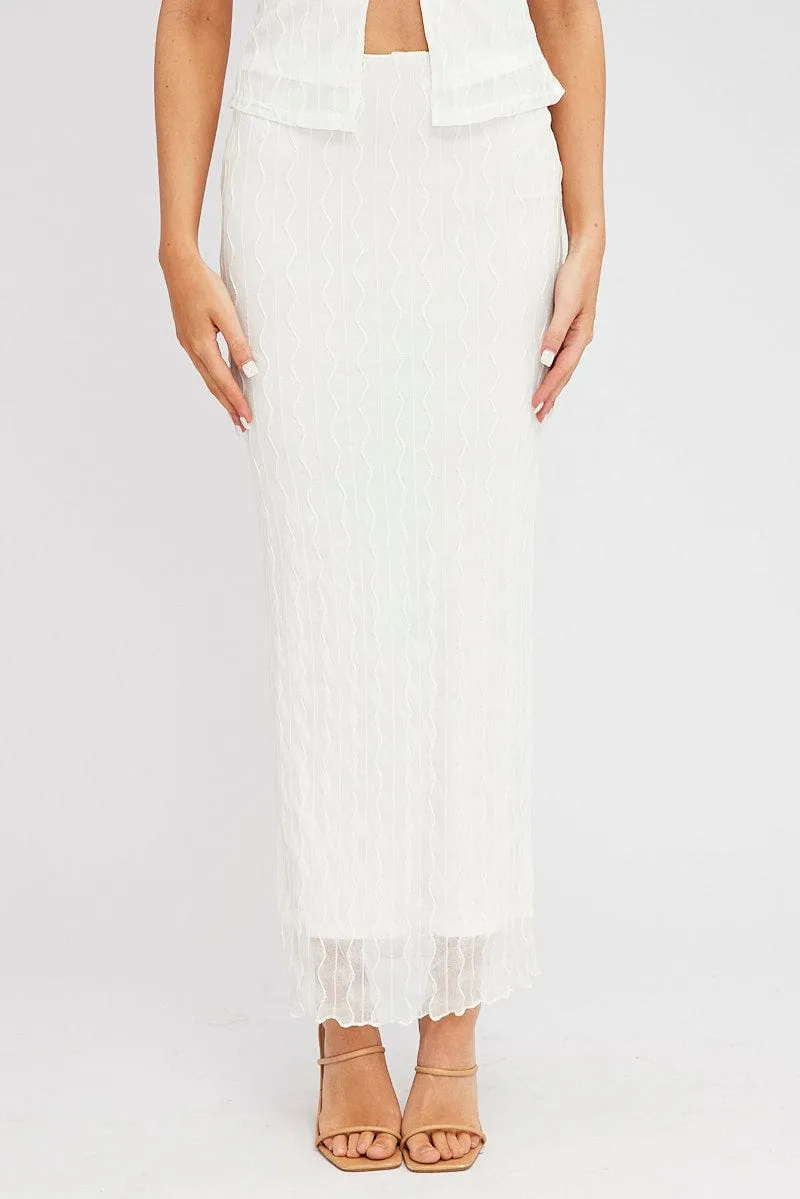 White Maxi Skirt High Rise Bodycon Elastic Waist Lace Elegant Texture