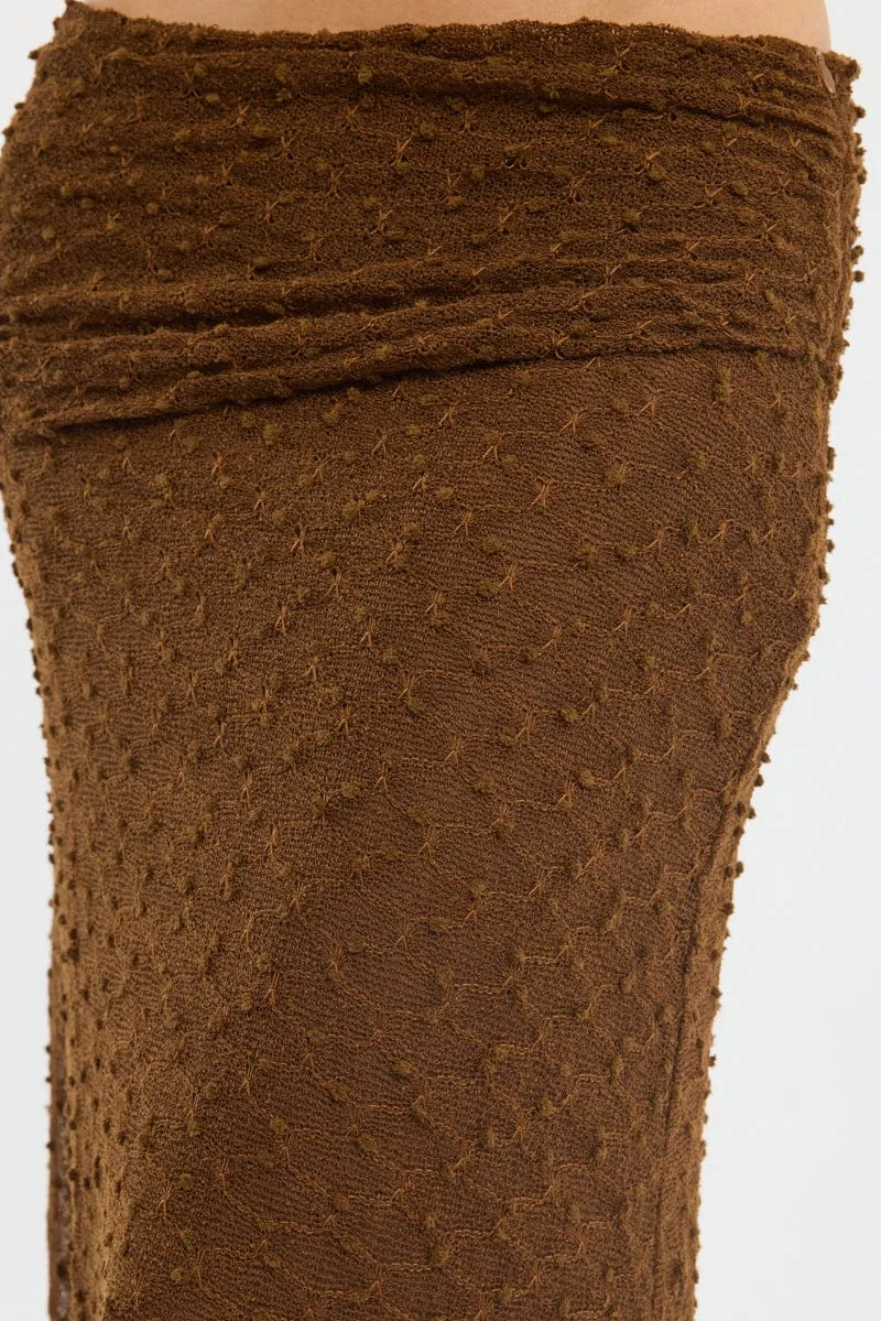 Brown Maxi Skirt Textured Gathered Waist Stretch Lined Pleated Construction