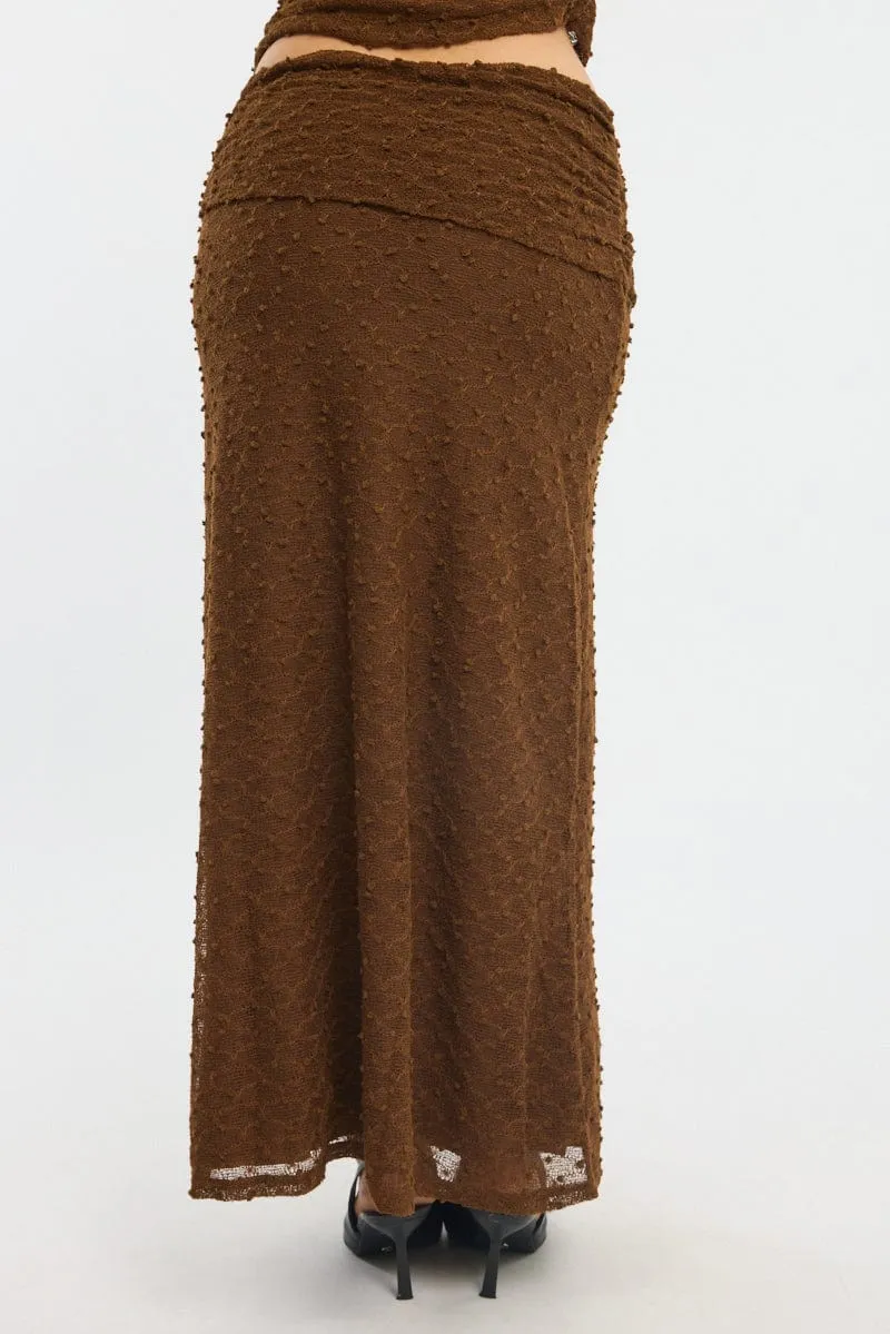 Brown Maxi Skirt Textured Gathered Waist Stretch Lined Cozy Finish
