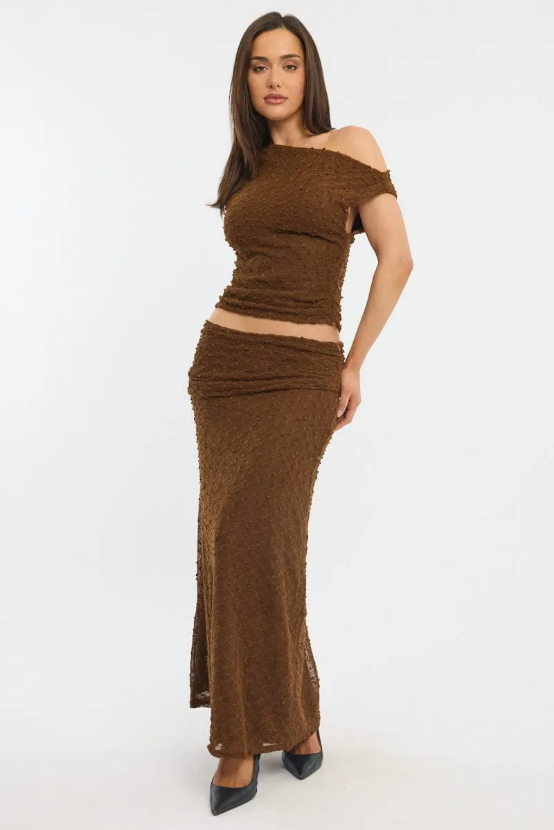 Brown Maxi Skirt Textured Gathered Waist Stretch Lined Smooth Layer Travel Vibes